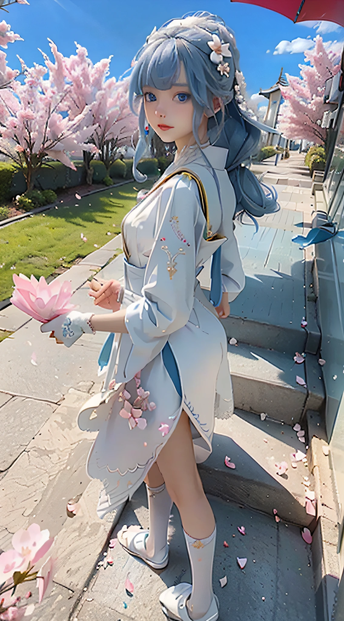 1girl, bird, umbrella, long hair, outdoors, dress, solo, blue eyes, holding, white dress, pink flower, flower, black footwear, white hair, day, holding umbrella, petals, bag, stairs, long sleeves, looking at viewer, socks, white socks, shoes, sky, bangs, looking back, cherry blossoms, sailor collar, hair flower, blue sky, standing, hair ornament, bow, tree