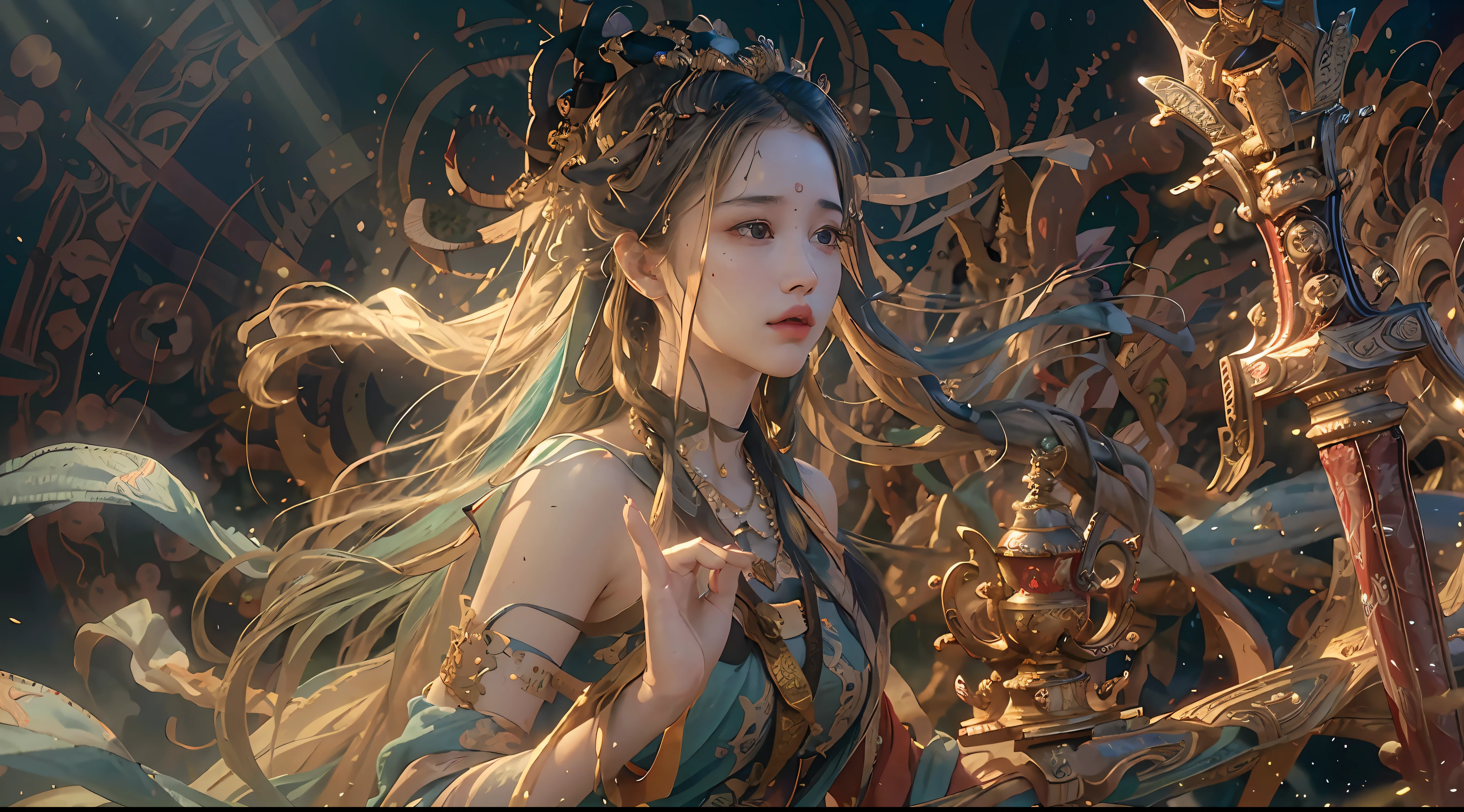 (RAW photo, best quality), (realistic, photo-realistic:1.3),best quality,highly detailed,masterpiece,ultra-detailed,illustration,1girl,upper_body,dynamic angle,world masterpiece theater,messy_long_hair,best quality,extremely detailed CG unity 8k wallpaper,ink,Amazing,cinematic lighting,lens_flare,,dunhuang_style