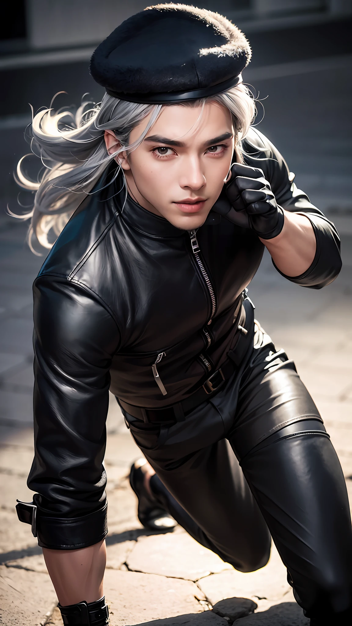 handsome man with grey hair wearing a long leather coat, running, man wearing a black bonet, man with grey messy long hair, man in fighting stance, man with strained facial features, fight, combat boots, in a dynamic pose, holding his hat, sci fi, (8k, RAW photo, photorealistic:1.25) ,( lipgloss, eyelashes, man, gloss-face, glossy skin, dark skin, dark snik, male, best quality, ultra highres, young man, depth of field, chromatic aberration, caustics, Broad lighting, natural shading,Kpop idol) looking at viewer with a serene and god-like happiness, playful alluring smirk