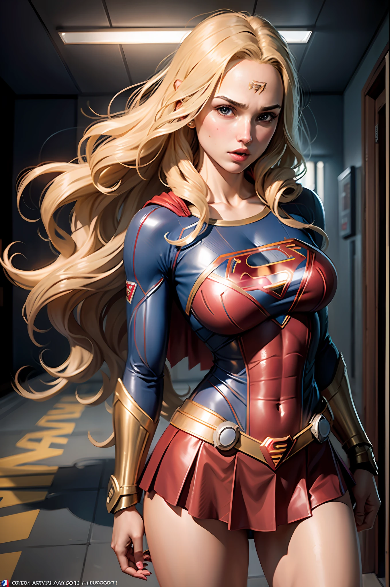 Gal Gadot, long blonde hair, 18 years old, large breasts, wearing (Supergirl Suit), highly detailed, Artstation, smooth, sharp focus, 8K, (underboob)