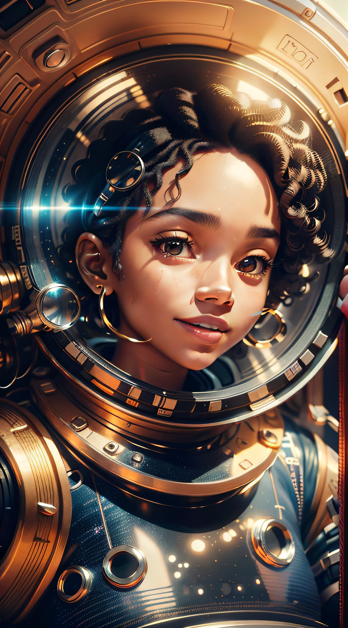 A full-bodied girl with black skin and curly hair floats inside a large gravitational capsule, (perfect smile: 1.8), golden ratio, space objects floating in the background: 0.5, anime portrait Space Cadet Girl, of a 2 0 1 9 Sci Fi 8 K movie, Zoe Kravitz futuristic astronaut, 8 K movie still, movie still 8 K,  Zoe Kravitz as an astronaut, in spacesuit, girl in space, portrait 8k render, beautiful woman in spacesuit, amplitude, general plan, cinematic, photorealism, Photographed on a Canon EOS-1D X Mark III, 150mm lens, F/2.8, sharp focus, volumetric fog, dramatic light, volumetric light, neon, 8k uhd, dslr camera, maximum quality, film grain,  anamorphic