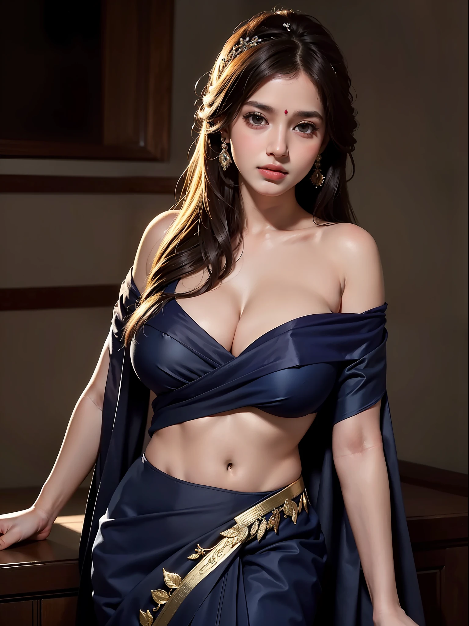 Best quality, masterpiece, ultra high res, (photorealistic:1.4), raw photo, 1girl, offshoulder, in the dark, deep shadow, low key, cold light,wearing a traditional saree, at a weeding shoot , large boobs