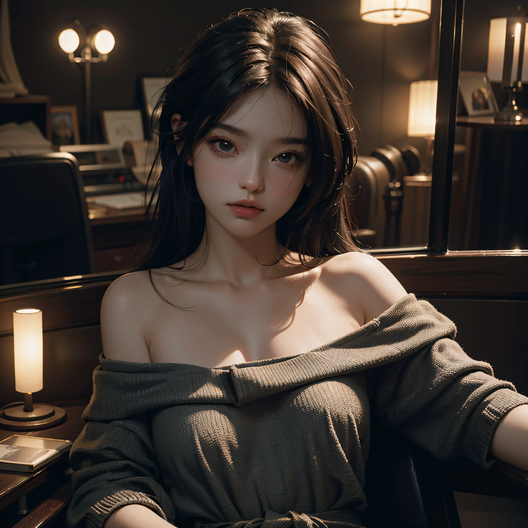Best Quality, Masterpiece, Ultra High Resolution, 8K, (Realisticity: 1.4), Original Photo, 1girl, Bare Shoulder, Cinematic Lighting