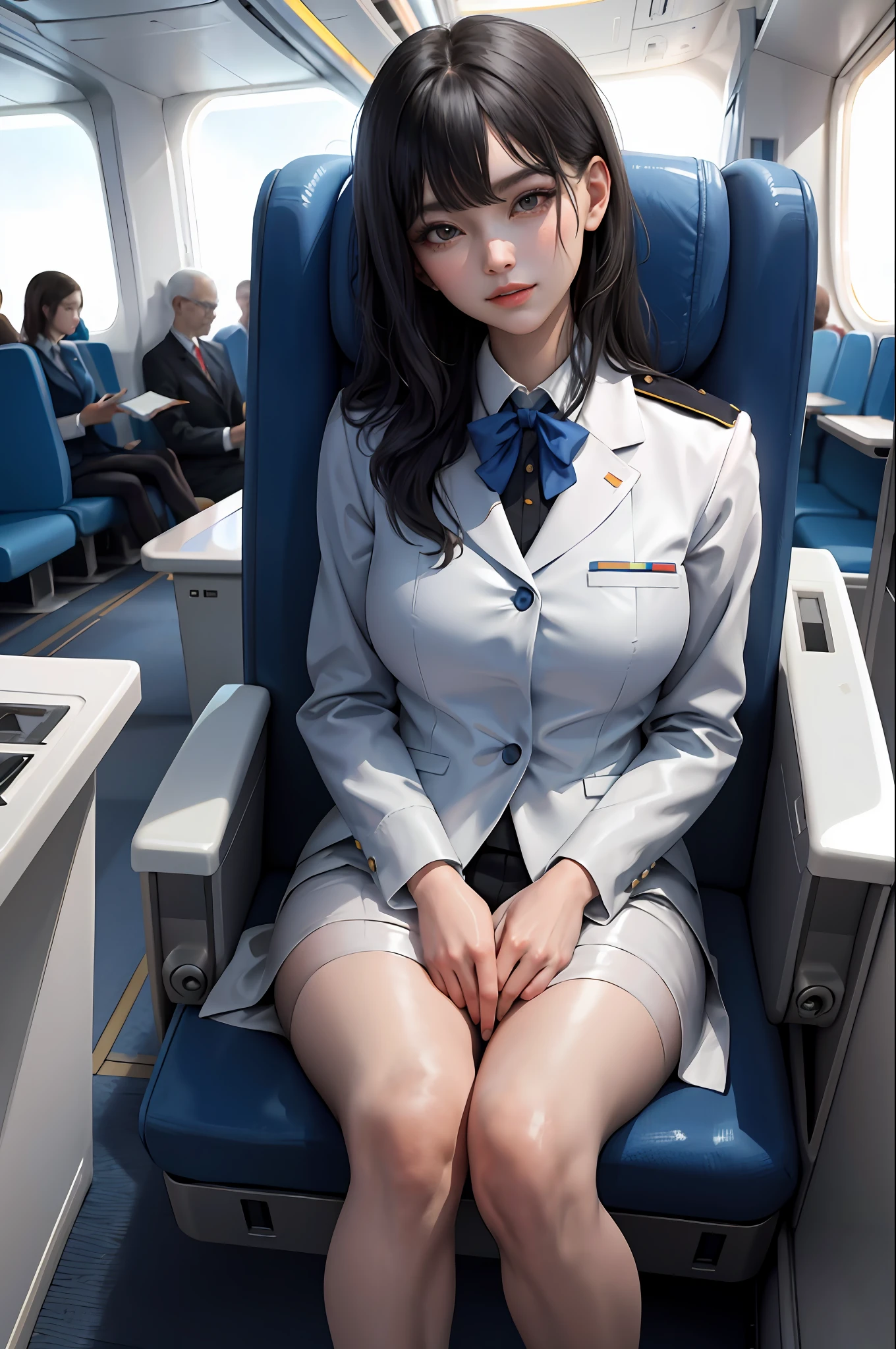 (masterpiece:1.2, best quality), 1lady, solo, Flight attendant, Uniform, Airplane, Serving passengers, Providing safety instructions, Responding to emergencies, bangs, (shiny skin:1.15),