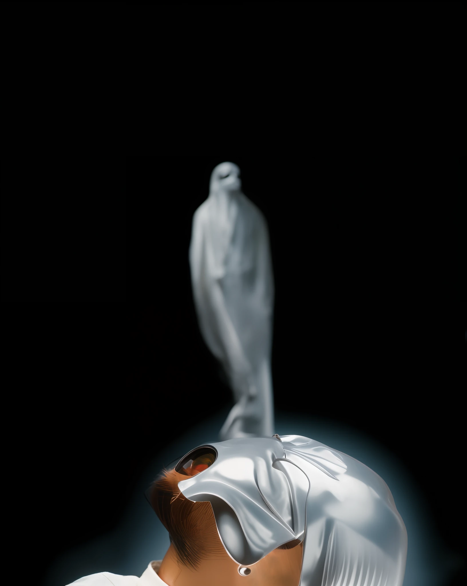 classicnegative photo of a japanese ghost 1982 Coming out of a mask in the middle of the image straight background 50mm 1.4f soft focus
