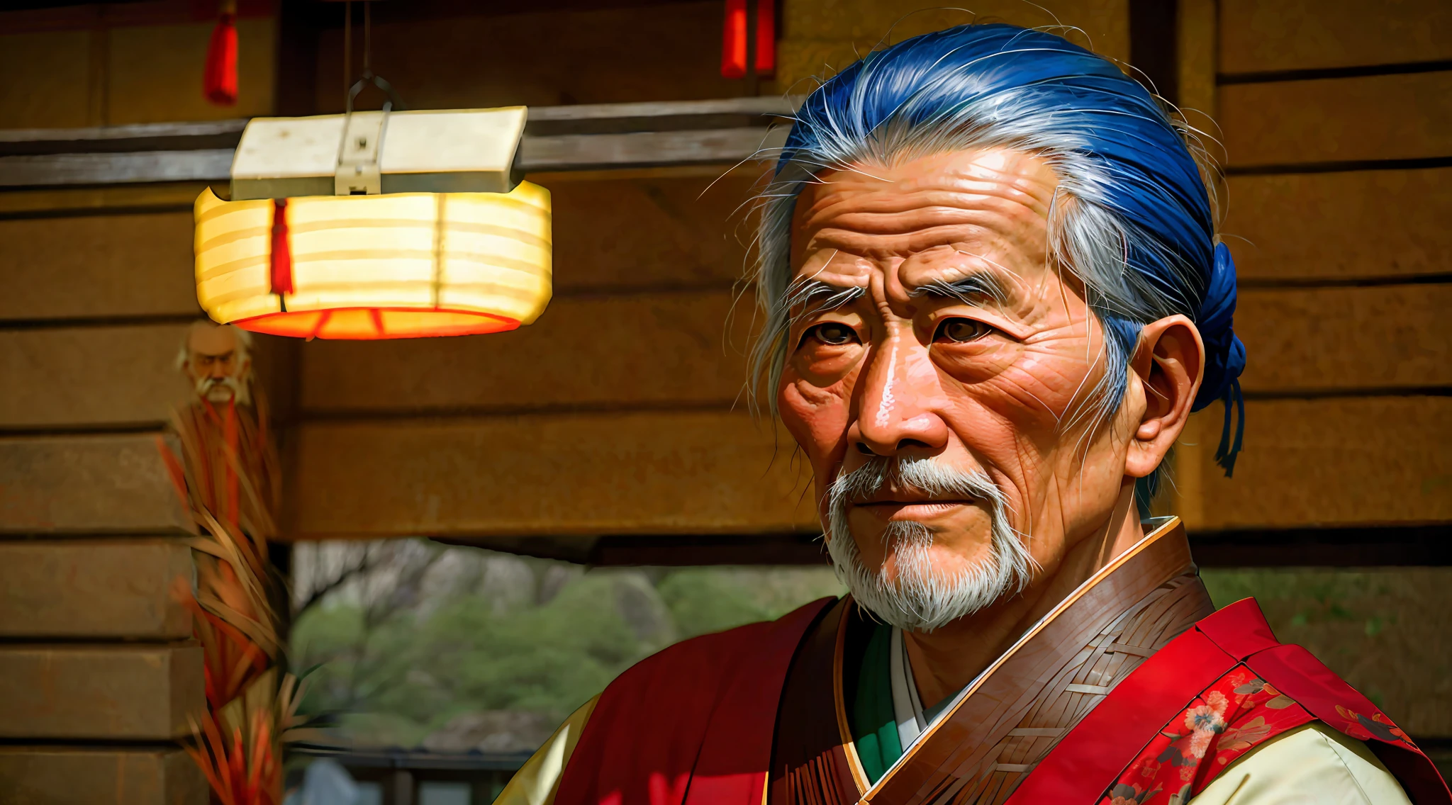 "Portrait of an elderly Japanese samurai warrior with gray hair in a setting of the Japanese Edo period, scenery recovered from an old photograph, with fine grain film quality (grain:1.2) and disposable film aesthetic (disposable:1.2), dim lighting creating a nostalgic atmosphere."