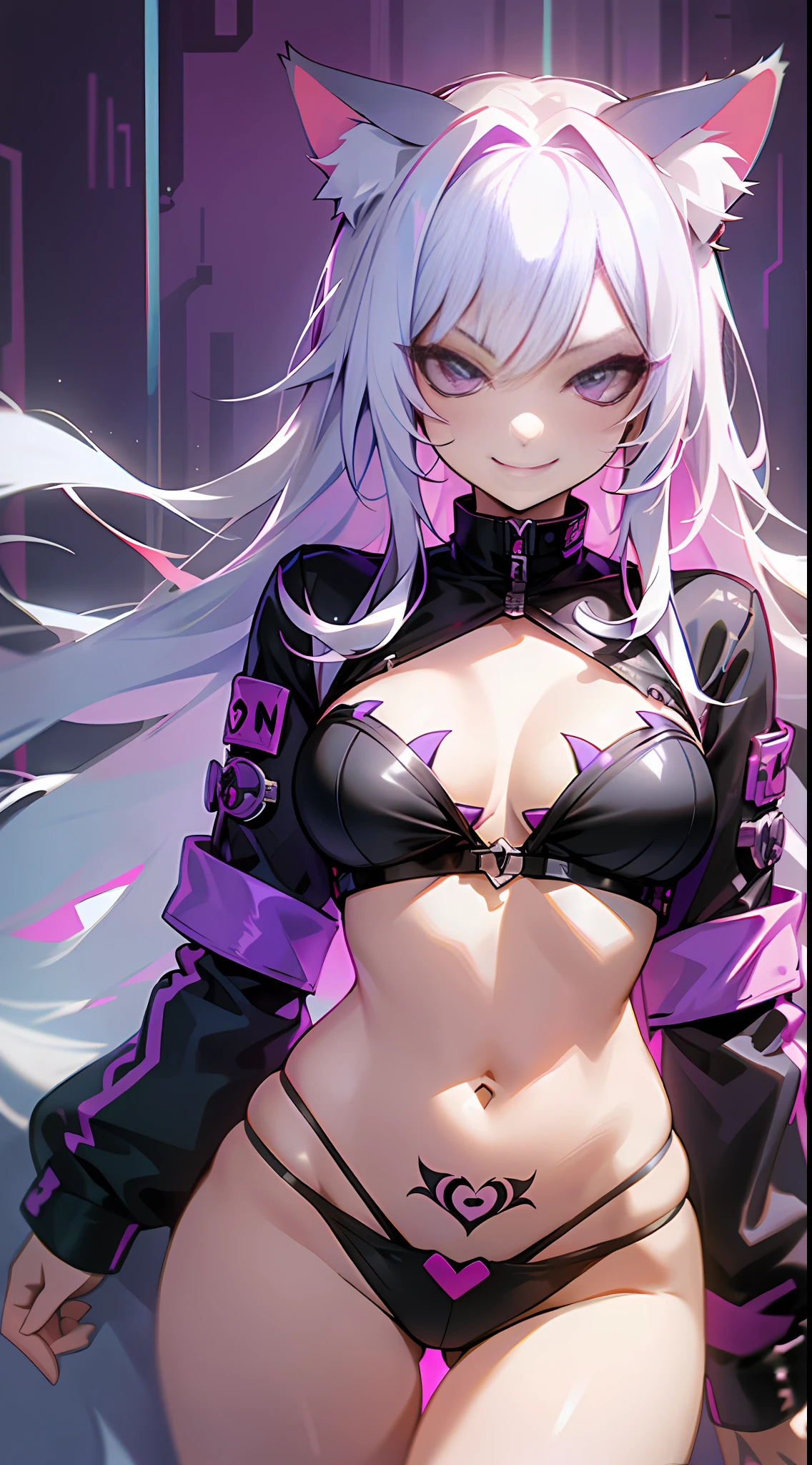 young girl, long white hair, purple eyes, cat ears, inner sideboob, open belly tattoo, evil, smirk, punk clothes, masterpiece, high quality