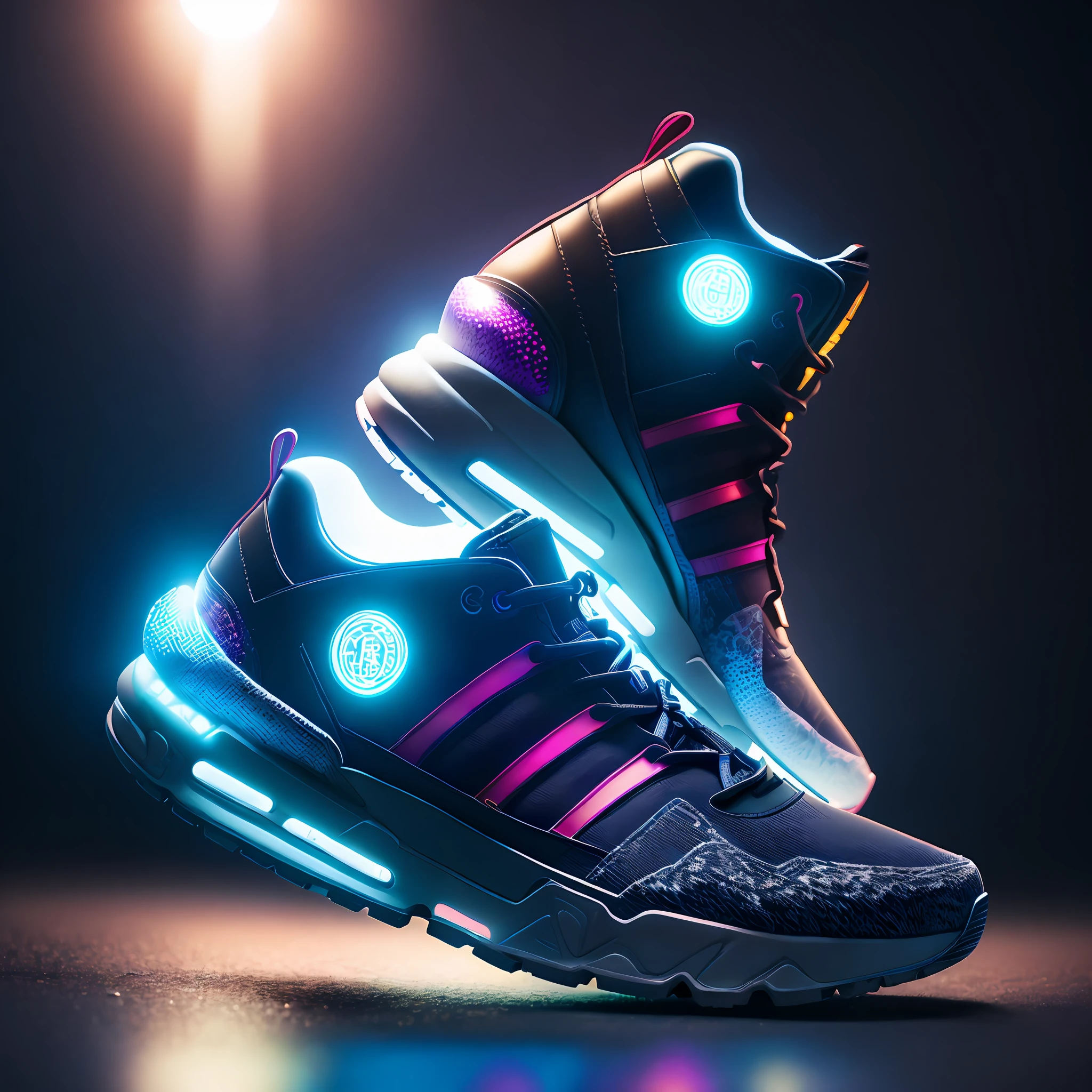 Product Photography of Cyberpunk Sneakers, Epic Rendering, Octane, Atmosphere, Particles, Soft Volumetric Light, (Backlight: 1.3), (Film: 1.3), Intricate Details, (ArtStation: 1.3)