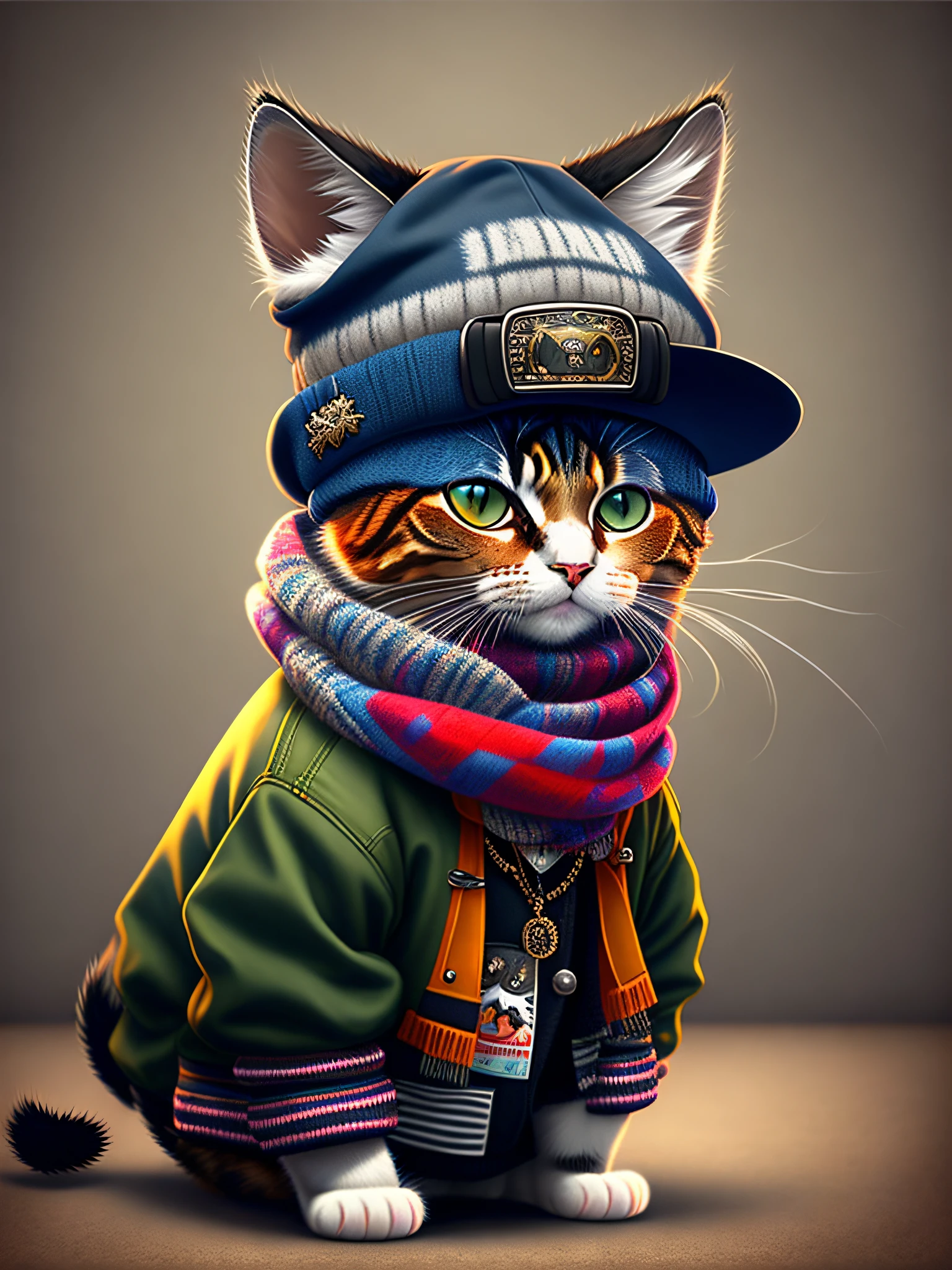 a painting of a cat wearing a hat and scarf, trend in art station, dressed in punk clothing, hyper realistic detailed render, british gang member, urban style, intimidating pose, planet of the cats, trendy clothes, urban samurai, meow, west slav features, 8 1 5