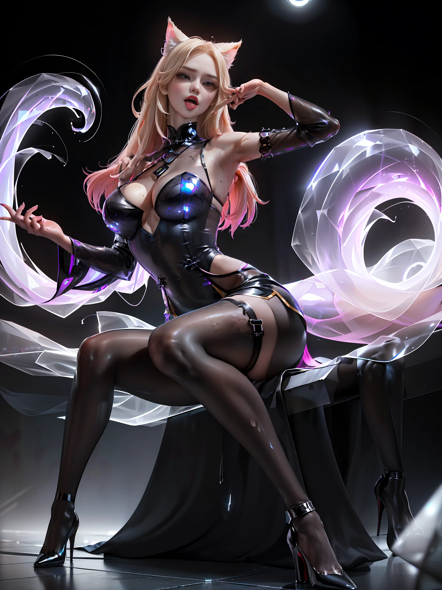 (extra-long tongue) (sticking out the tongue) ((only two legs, Only two hands)) (huge sagging breasts) (cyberpunk background: 1.5) (fully transparent cheongsam) (fully transparent clothes, high-gloss transparent stockings, transparent black tulle cheongsam illuminated by cyberpunk style lighting, transparent clothes, looming transparent black tulle cheongsam, painting style, (sitting) 1 girl, hands raised, forearms raised, forearms holding scattered hair behind her, bare red armpits full of sweat, white-blond hair held behind her head, fleshy thighs tightened by black suspender stockings. Seductive expression, sticking out tongue to lick lips, wet clothes, wet body, wet body, sexy face, looming, looming breasts, ahri (k/da), ahri, ((full body photo)), sitting in a chair, (body facing viewer) legs crossed, soles facing viewer, red sole heels, ahri (k/da), transparent black tulle cheongsam with translucent bikini inside, complex patterns on transparent clothes, portrait, masterpiece, best quality, (very detailed CG Unity 8k wallpaper, super detailed, best quality), (detailed background), (beautiful detail face), high contrast, (best lighting) (pixiv)