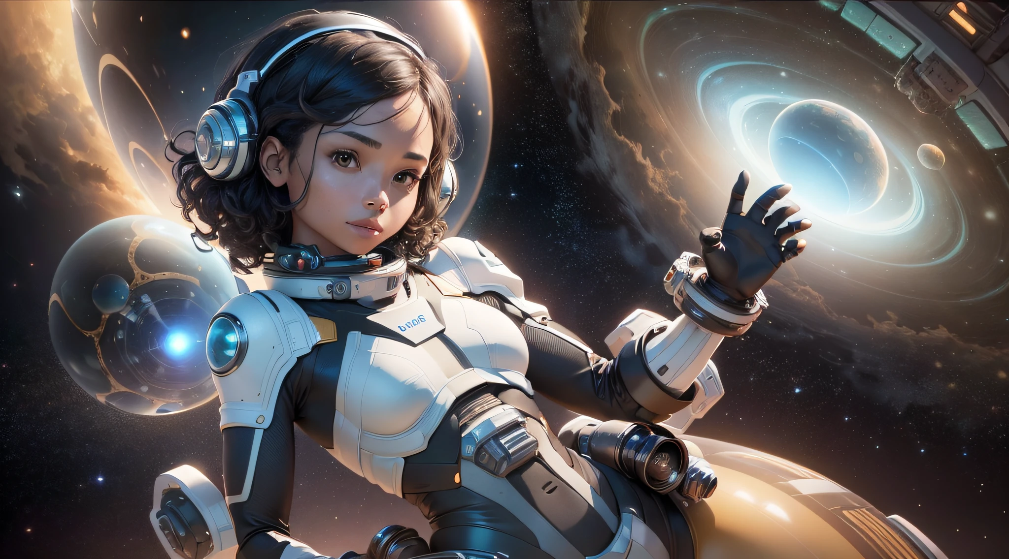 A girl with black skin and curly hair floats inside a large gravitational capsule, dynamic angle, (perfect smile, realistic bright eyes, perfect body, full body, open right arm, open right hand with 5 perfect fingers, open left arm, open left hand with 5 perfect fingers, right leg apart with perfect right foot, stretched left leg with perfect left foot,  perfect knees, perfect elbows, perfect neck, small hips, small breasts, maximum quality, golden ratio, (small space objects in the background: 1.2), (((2 spaceships, 3 planets and 1 sun in the background: 0.5))), anime portrait Space Cadet Girl, of a 2 0 1 9 Sci Fi 8 K movie, Zoe Kravitz futuristic astronaut, 8 K movie still,  movie still 8 K, Zoe Kravitz as an astronaut, in spacesuit, girl in space, landscape 8k render, beautiful girl in spacesuit, amplitude, general plan, cinematic, photorealism, film grain, anamorphic, (without gravity: 1.8), beautiful, milky, highly detailed skin, realistic skin details, visible pores, lomography, translucent, maximum quality