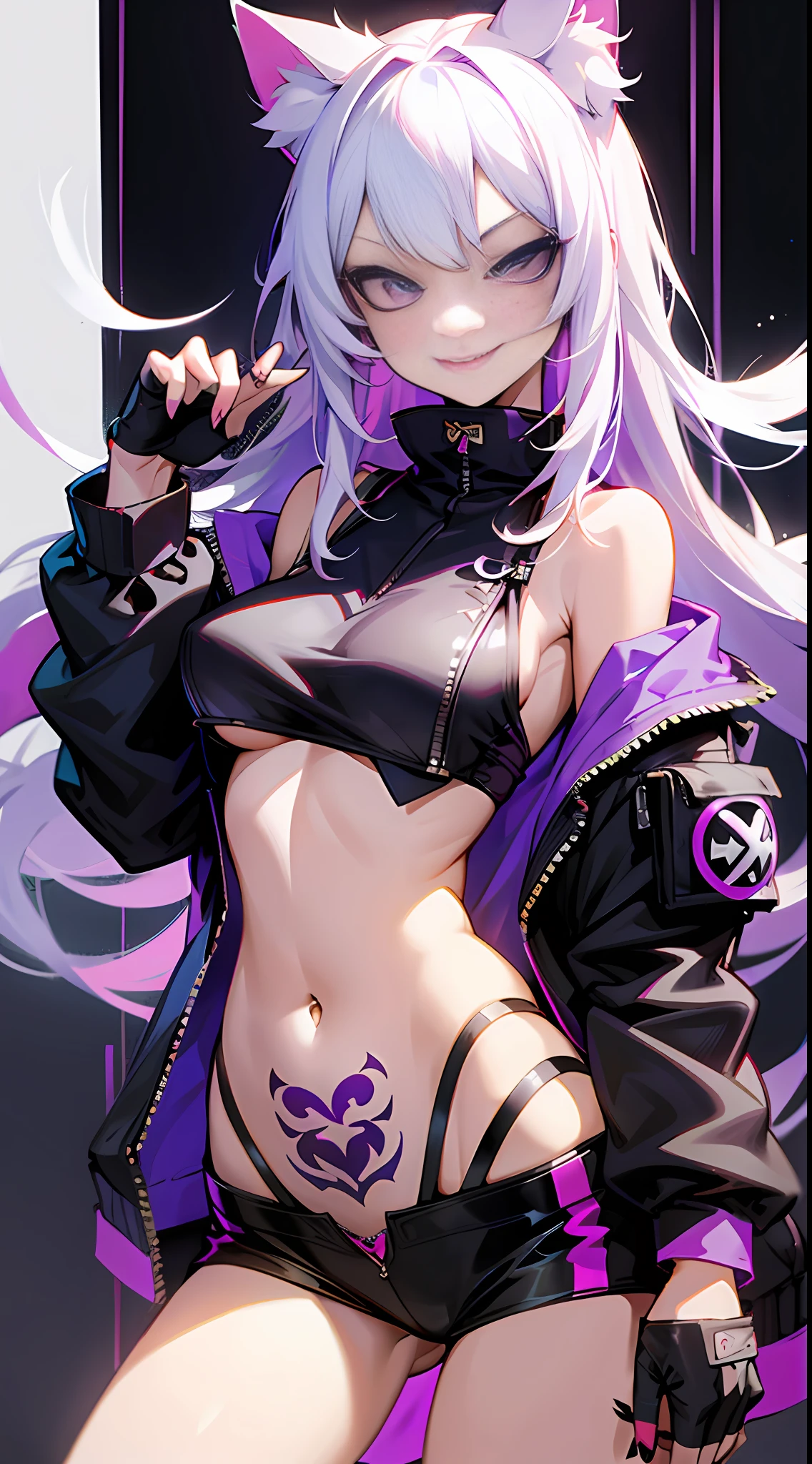 young girl, long white hair, purple eyes, cat ears, inner sideboob, open belly tattoo, evil, smirk, punk clothes, masterpiece, high quality