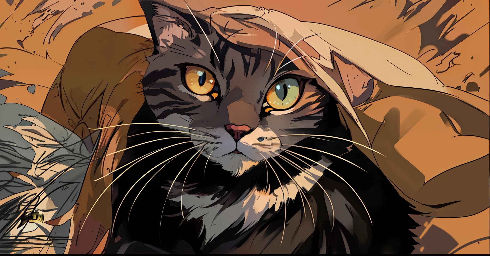 1cat, Maine, anime cat, orange background, cute detailed digital art, realistic anime cat, cat. Digital painting, digital painting highly detailed, anime visual of cute cat, detailed digital anime art, digital illustration style, highly detailed vector art, highly detailed digital painting, digital art on pixiv, cat detailed