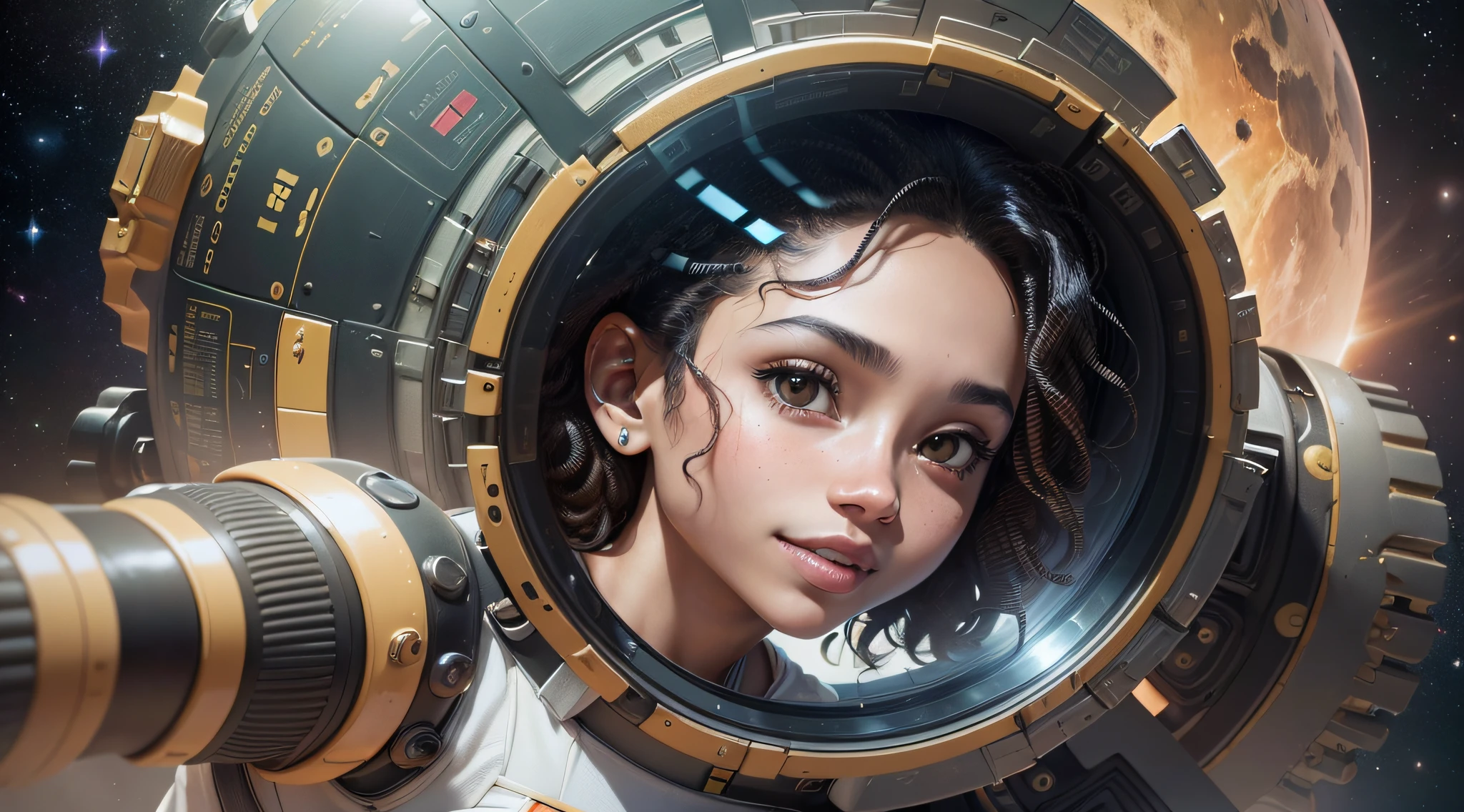 A girl with black skin and curly hair floats inside a large gravitational capsule, dynamic angle, (perfect smile, realistic bright eyes, perfect body, whole body, open right arm, perfect open right hand, perfect open left arm, perfect open left hand, perfect right foot, perfect left foot, perfect knees, perfect elbows, perfect neck, small hip, small breasts, maximum quality, golden ratio, space objects in the background, spaceships, planets, sun, anime portrait Space Cadet Girl, from a 2 0 1 9 Sci Fi 8 K movie, Zoe Kravitz futuristic astronaut, 8 K movie still, movie still 8 K, Zoe Kravitz as an astronaut, in spacesuit, girl in space, landscape 8k render, beautiful girl in spacesuit, amplitude, general plan, cinematic, photorealism, film grain, anamorphic, (without gravity: 1.8), beautiful, milky, highly detailed skin, realistic skin details, visible pores, lomography, translucent, maximum quality