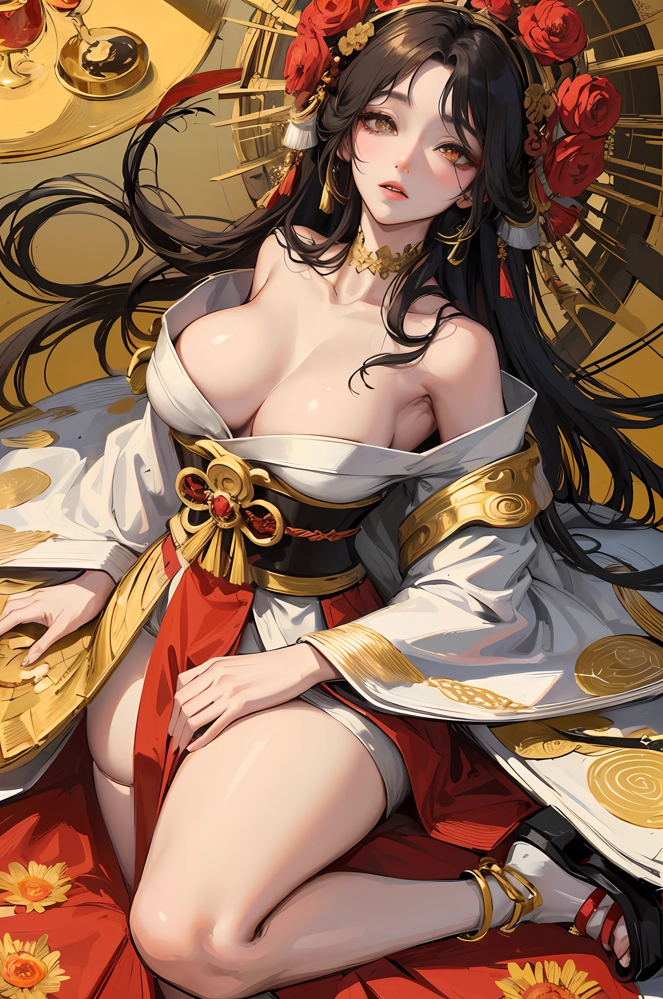 Amaterasu, goddess of the sun, incarnation of the sun, supreme god of Japan, ruler of Takamagahara and the deification of the sun. The ancestor of the Japanese emperor, the supreme god of Shinto in Japan, ((normal breasts)), (human wife), indifference, extreme majesty, golden eyes, coated with gold dust, sitting cross-legged, shaping a glorious atmosphere, fair skin, long black hair, mother, gold clothing, clogs, perfect legs, ancient Japanese clothing, gorgeous gold belt, (lots of luxurious Japanese accessories), perfect flesh full of texture, , scorching rendering effect, jaw-dropping, captivating visual enjoyment, ((best quality), ((masterpiece) ), maximum definition, multi-layered texture, super detailed, illustration, (super detailed face), (perfect face), clear texture, fine texture, ultra-HD detail display, excellent image performance, high-quality illustration, perfectly fitting and harmonious tones, deep lines, precise brush strokes, with a strong sense of three-dimensionality and delicate wear, wonderful color matching, intricate details