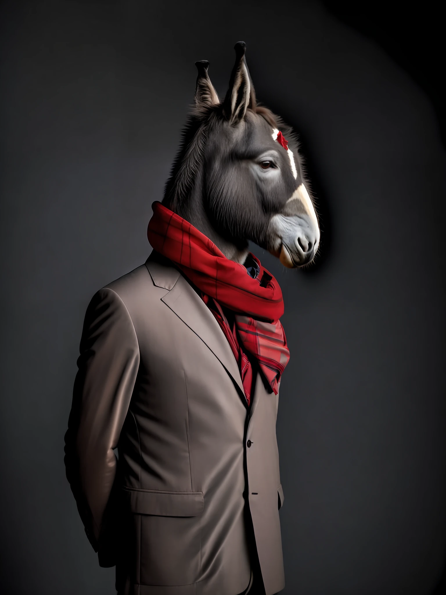 a donkey wearing a suit and a red scarf