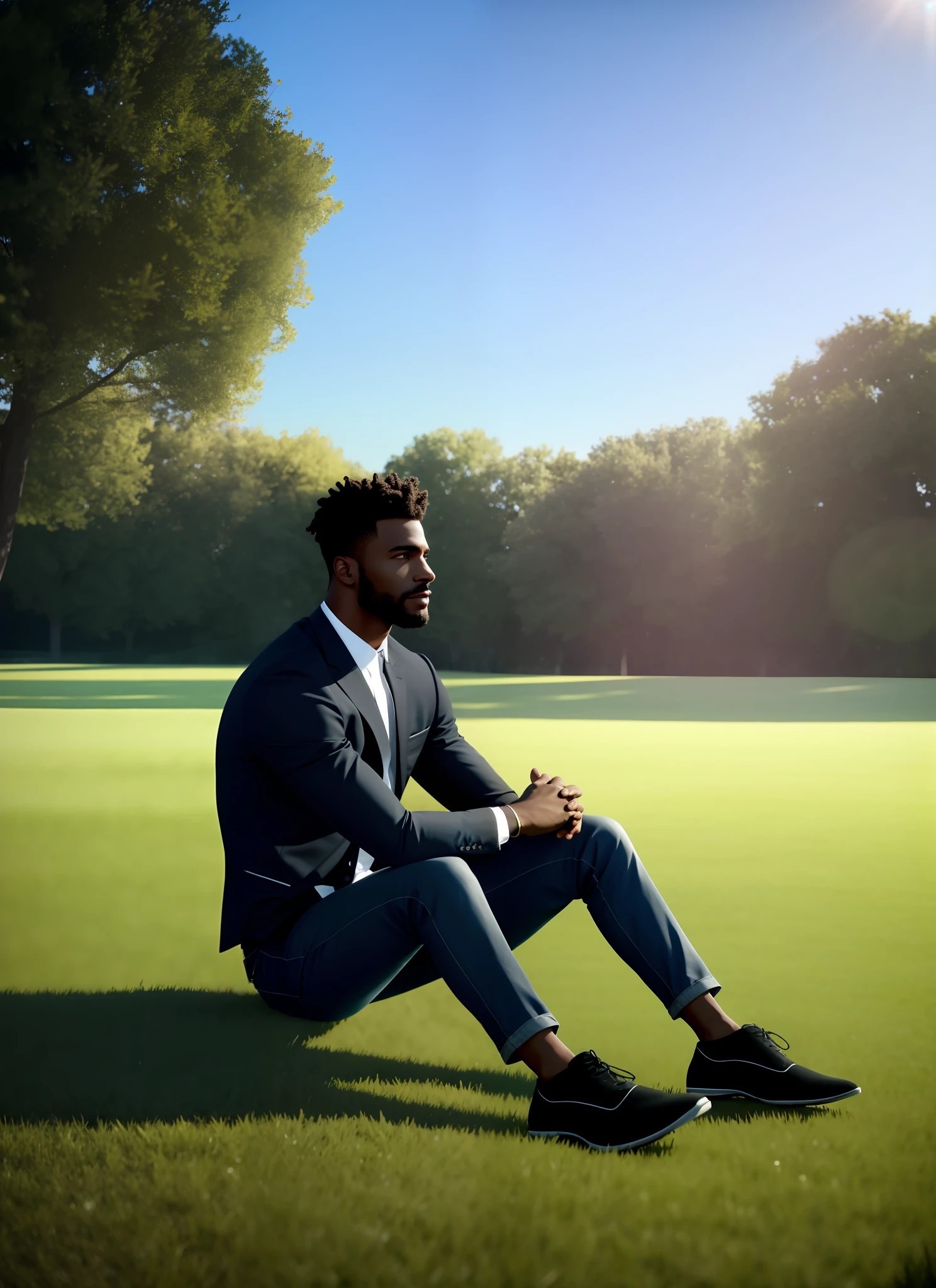 gorgeous black man,alone,sitting on a field lawn,thoughtful, 8k uhd, octane rendering, 4k, HDR, dynamic lighting
