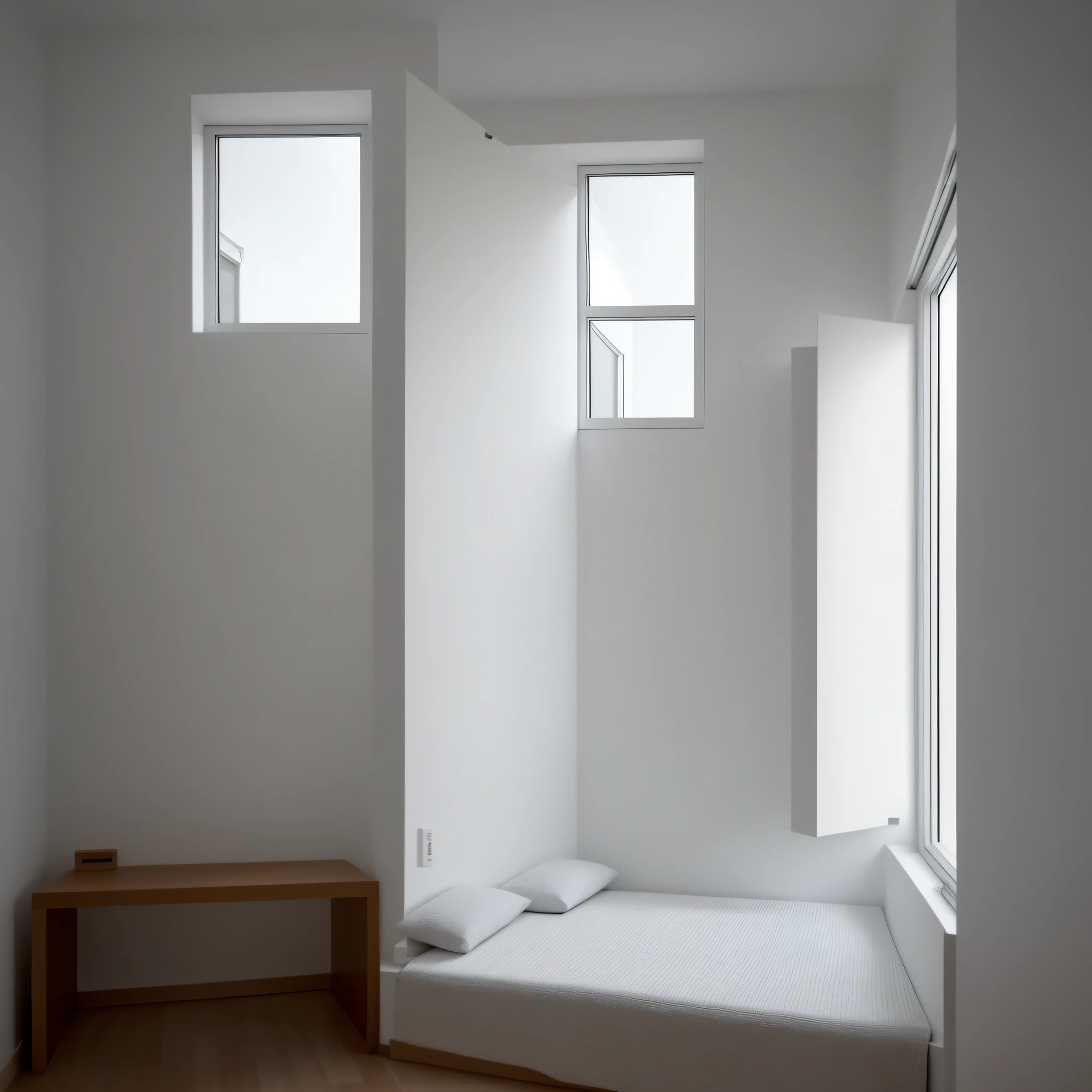 Narrow space, only one bed, against the wall, only false window, 3:4 ratio, dim room, panorama, cramped, dim, dusk, minimalist, mental hospital, prison, claustrophobia, 3d space