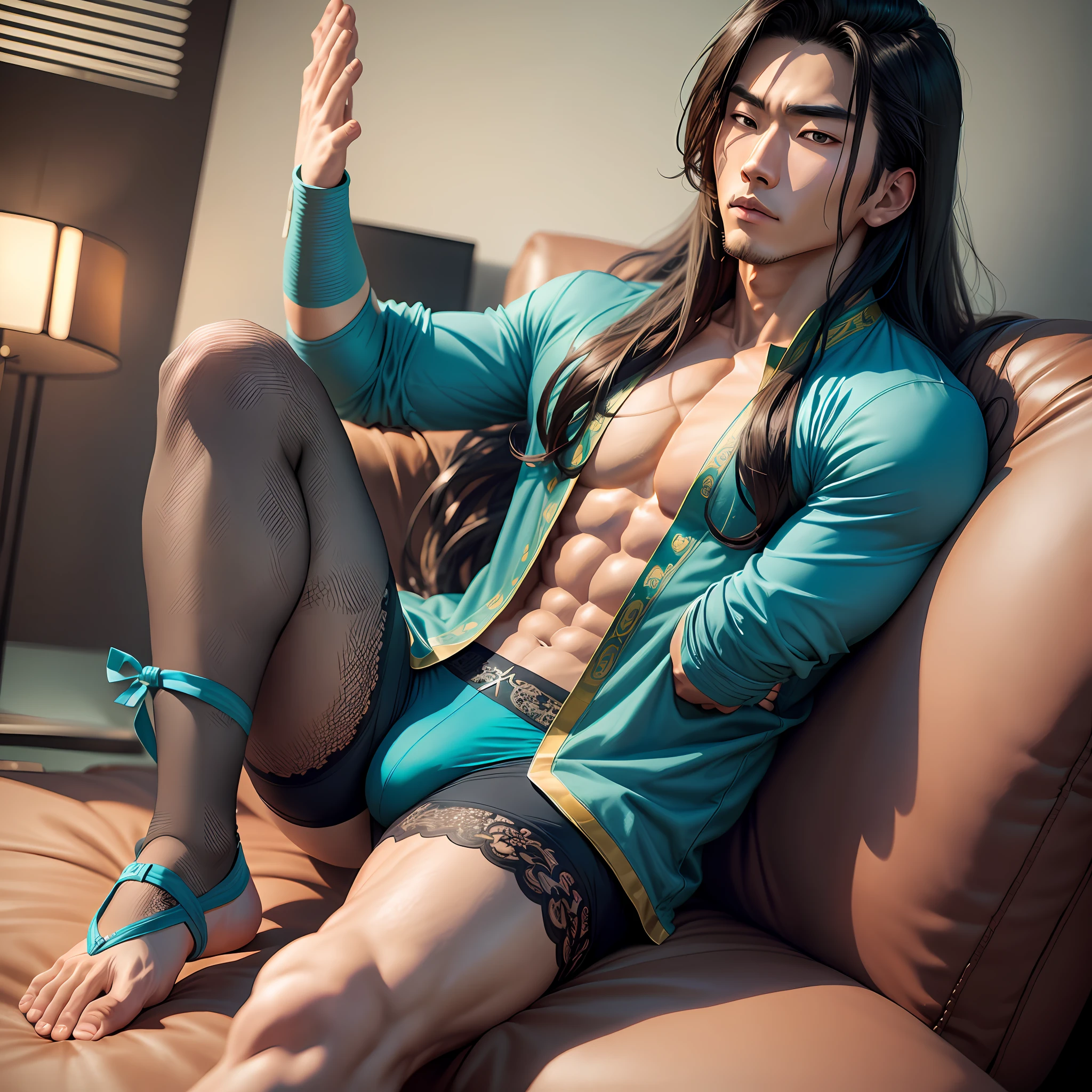 Realistic,hot muscular korean guy with long hair sitting down with legs spread apart showing off bulge wearing teal lacy revealing thong, serious face