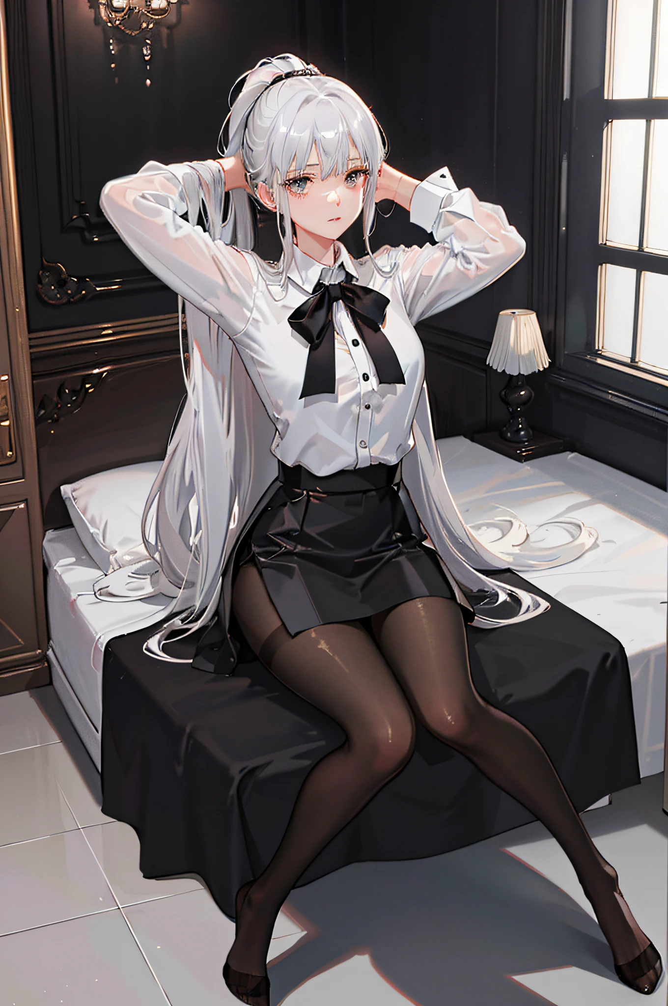 (((1 girl)),ray tracing,(dim lighting),[detailed background (bedroom)),((silver hair)),((silver hair)),(Fluffy silver hair, plump and slender girl))) with high ponytail))) Avoid golden eyes in the ominous bedroom ((((Girl wears a white shirt, black wrinkled skirt with black transparent pantyhose), showing a delicate slim figure and graceful curves, correct limbs, sitting on the bed with hands behind her head, Put both hands behind your head