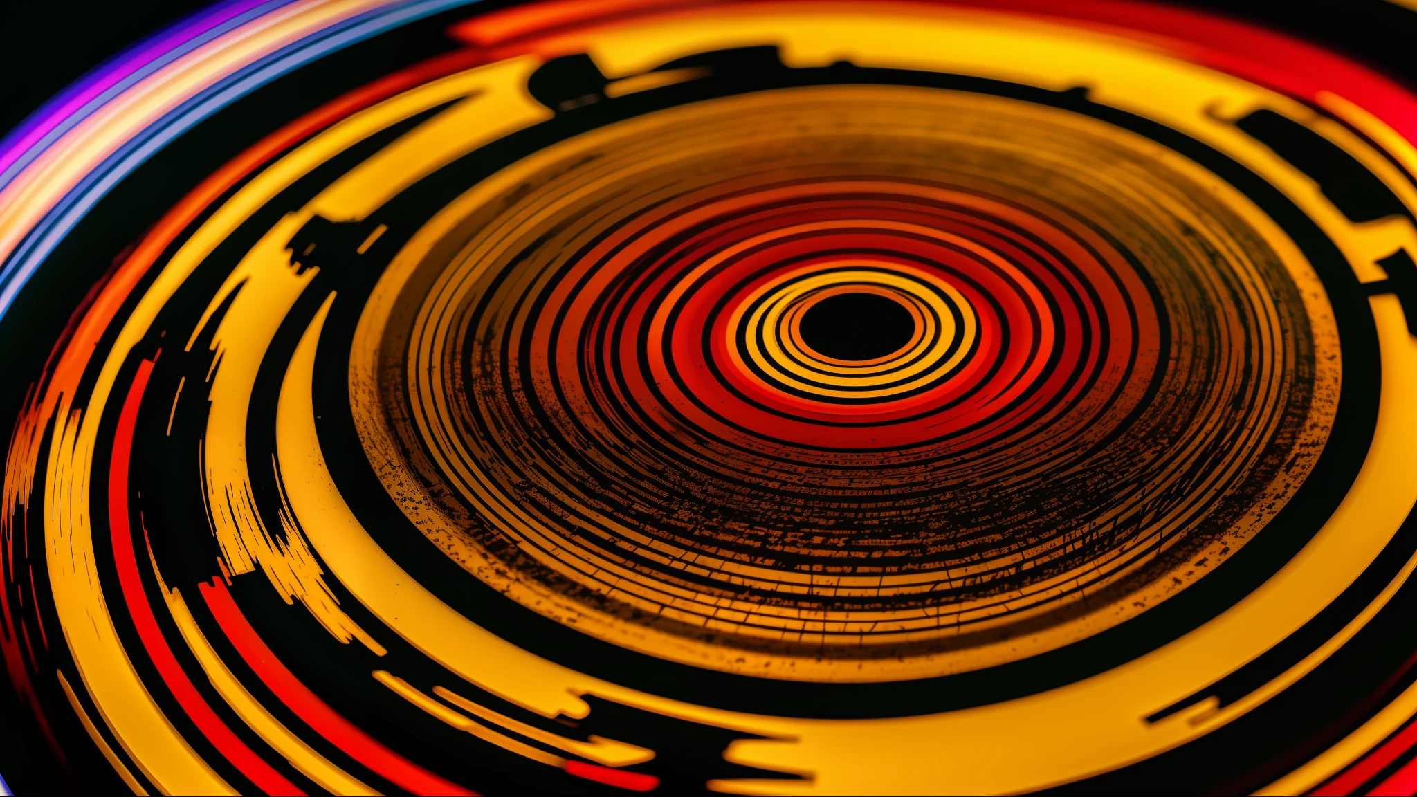 a funky and groovy photo of a vinyl record, with a psychedelic pattern on the label and the grooves. The photo is taken with a Nikon D850 camera and a Nikon AF-S NIKKOR 105mm f/2.8G IF-ED VR Micro lens, using a flash to create a reflection on the surface. The camera settings are f/11, ISO 2000, and 1/4000 sec. The photo is cropped and rotated in post-production to create an interesting composition --ar 2:3 --uplight