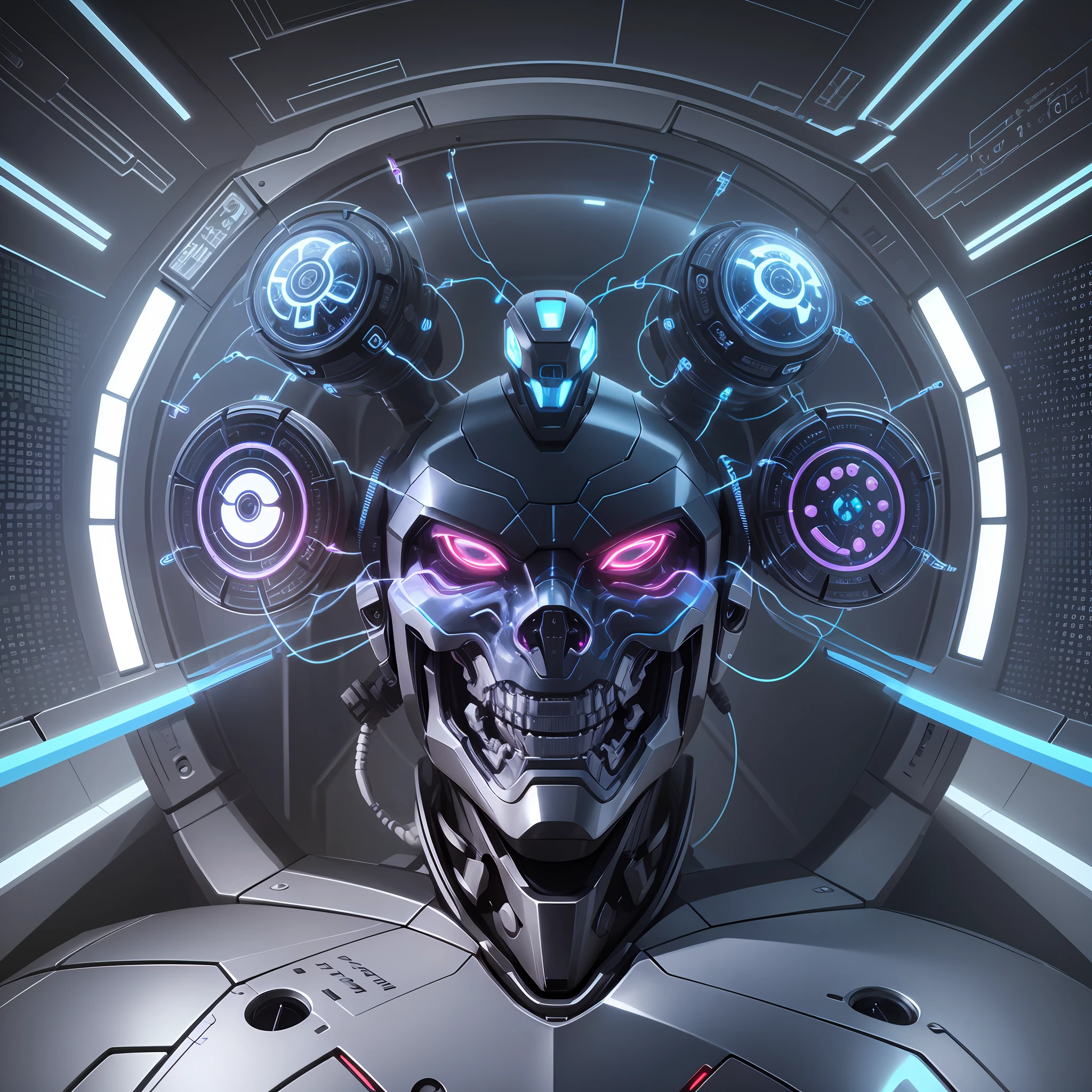 Inside a body, front image, a robotic brain, ultra realistic, related to cryptocurrency graphics with perfectionist colors, lighting, based on Terminator --auto --s2