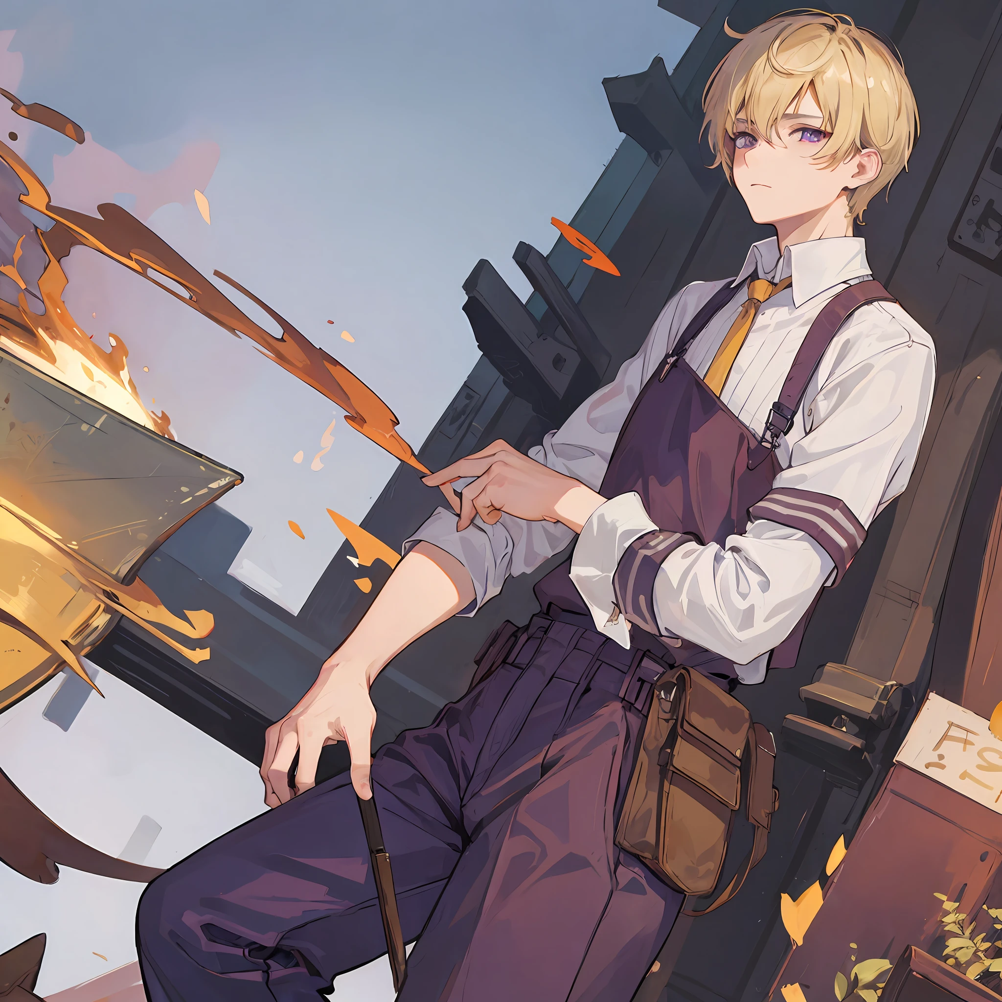 21 year old Man, blonde short hair, purple eyes, wearing workshop mechanic clothes