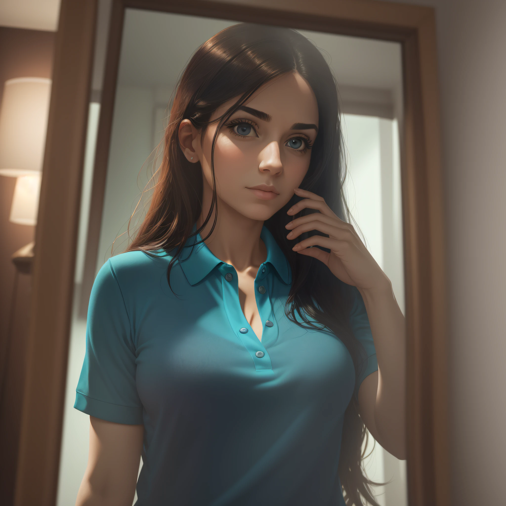 Woman, looking in mirror, realistic reflection, 4k, cartoon, sexuality, small breasts, polo shirt, looking in the mirror, face of doubt., se observando no espelho , se descobrindo. --auto --s2