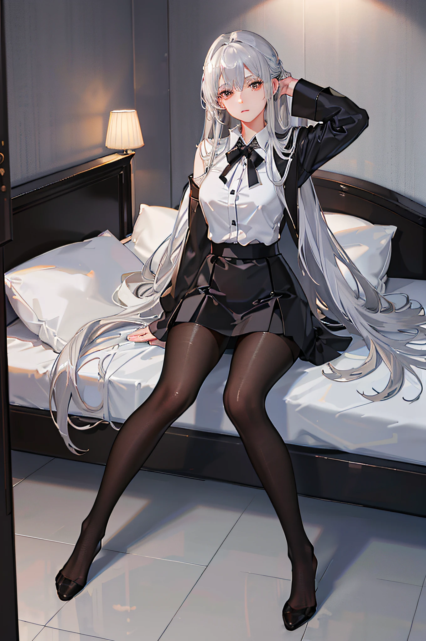 (((1 girl)),ray tracing,(dim lighting),[detailed background (bedroom)),((silver hair)),((silver hair)),(Fluffy silver hair, plump and slender girl))) with high ponytail))) Avoid golden eyes in the ominous bedroom ((((Girl wears a white shirt, black wrinkled skirt with black transparent pantyhose), showing a delicate slim figure and graceful curves, correct limbs, sitting on the bed with hands behind her head, Put both hands behind your head