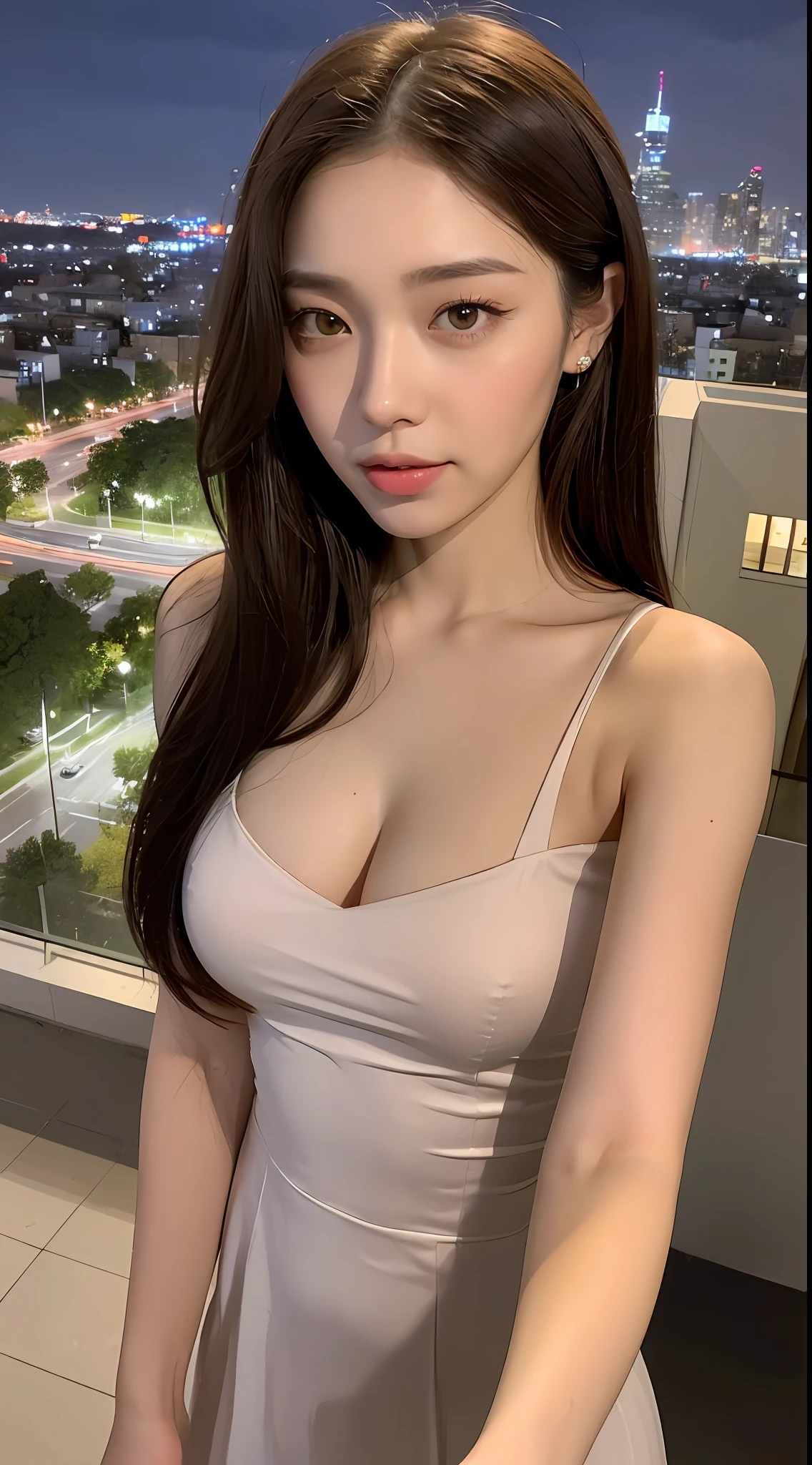 ((Best quality, 8k, Masterpiece: 1.3)), Selfie, Sharp focus: 1.2, Cute beautiful woman with perfect body: 1.4, Slim big breasts: 1.2, ((Brown hair dark, Big breasts: 1.2)) , (small transparent dress, half naked, highly detailed breasts, Happy expression, Standing: 1.2), ((Night view of the city with rain, Balcony simple: 1.3 making with the female being the main focus)), Highly detailed face and skin texture, Detailed eyes, Double eyelid