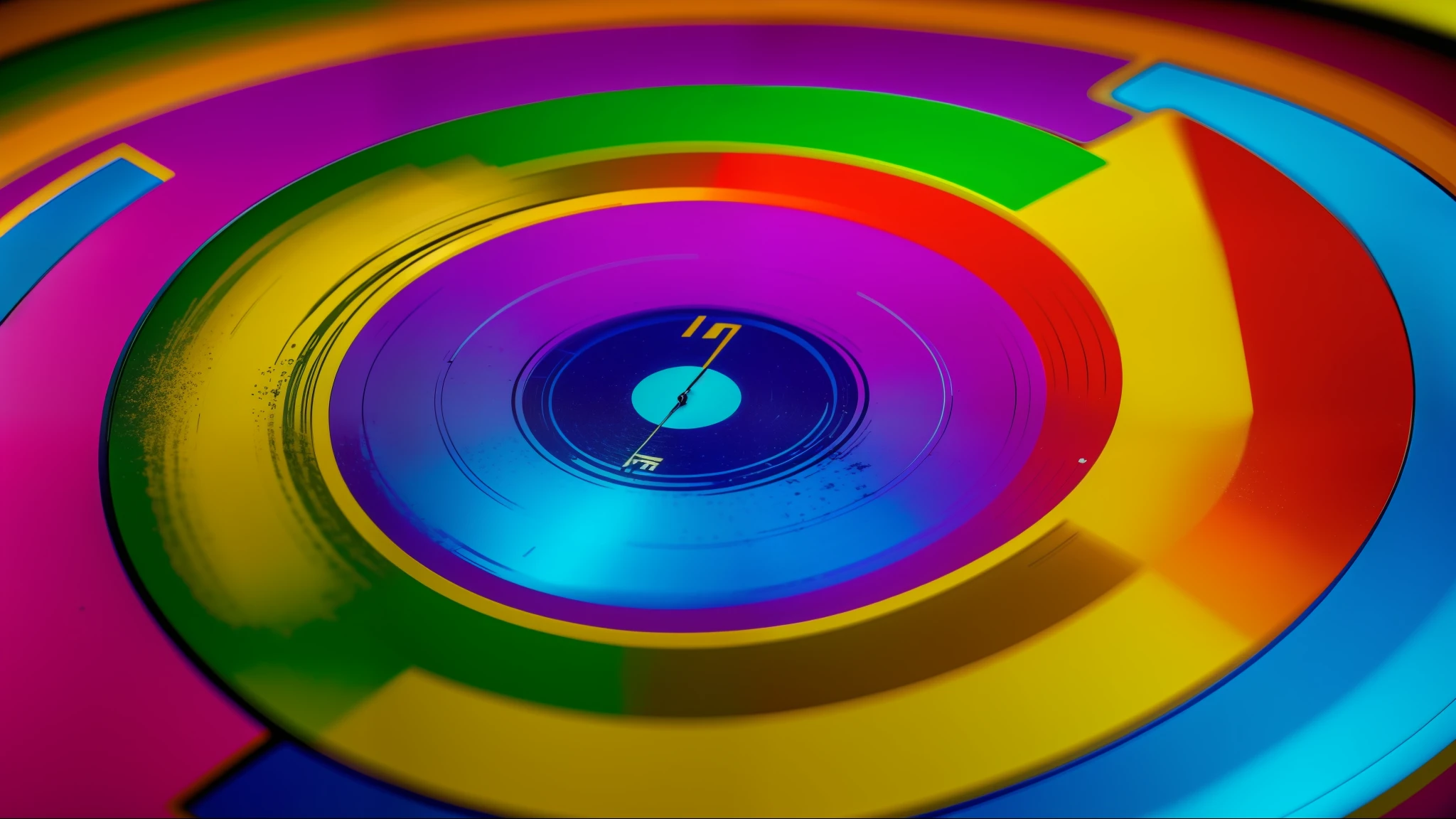 a funky and groovy photo of a vinyl record, with a psychedelic pattern on the label and the grooves. The photo is taken with a Nikon D850 camera and a Nikon AF-S NIKKOR 105mm f/2.8G IF-ED VR Micro lens, using a flash to create a reflection on the surface. The camera settings are f/11, ISO 2000, and 1/4000 sec. The photo is cropped and rotated in post-production to create an interesting composition --ar 2:3 --uplight
