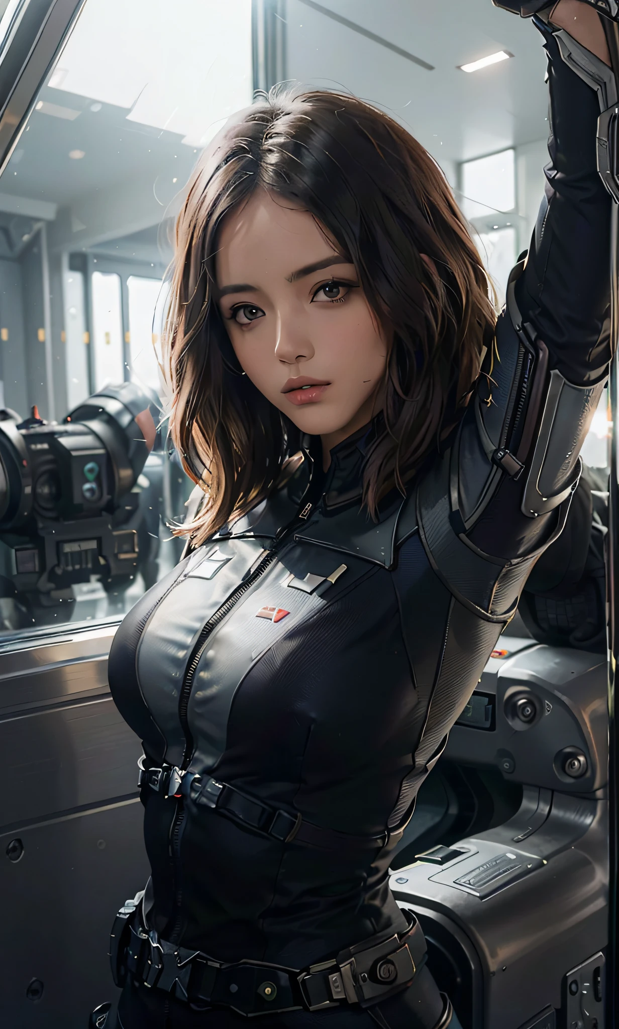 Daisy Jhonson as the captain of a spaceship, looking through a glass window to space, (inspired by mass effect), one piece armor, arms up, armpit, (8k, foto RAW, fotorrealista: 1,25), (muito brilho labial, muitos cílios, melhor qualidade, ultra alta resolução, profundidade de campo, aberração cromática, luz ampla, cor natural, picture from distance (1:2)