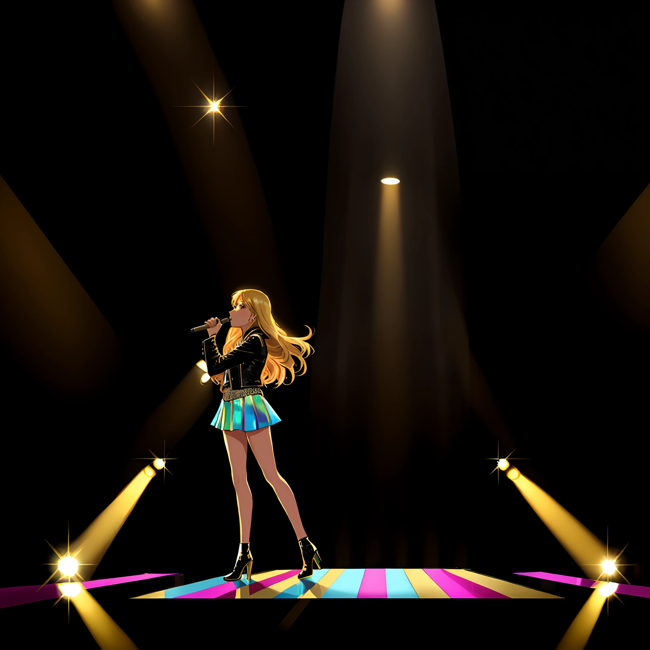 dazzler girl, long blonde hair, singer, concert, stage lights, microphone stand, leather jacket, disco ball, crowds cheering, pop music.