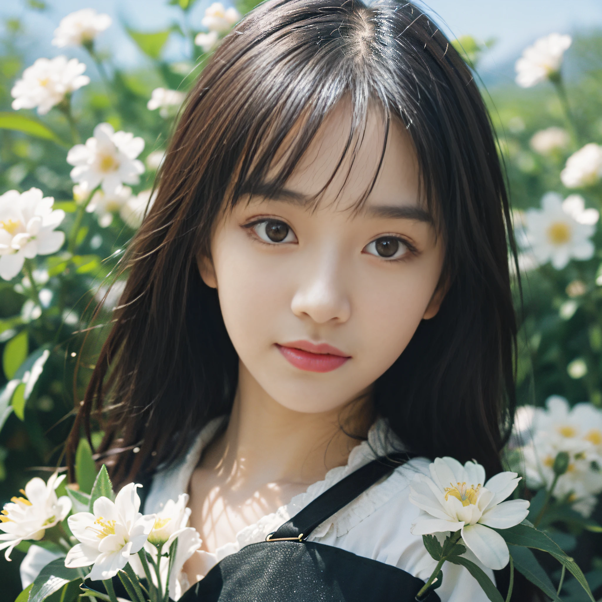 Best quality, masterpiece, super high resolution, (realistic: 1.4), original photo, head photo, skin, simple background, black eyes, details, 1 girl, suspenders, sea of flowers, daze, reality