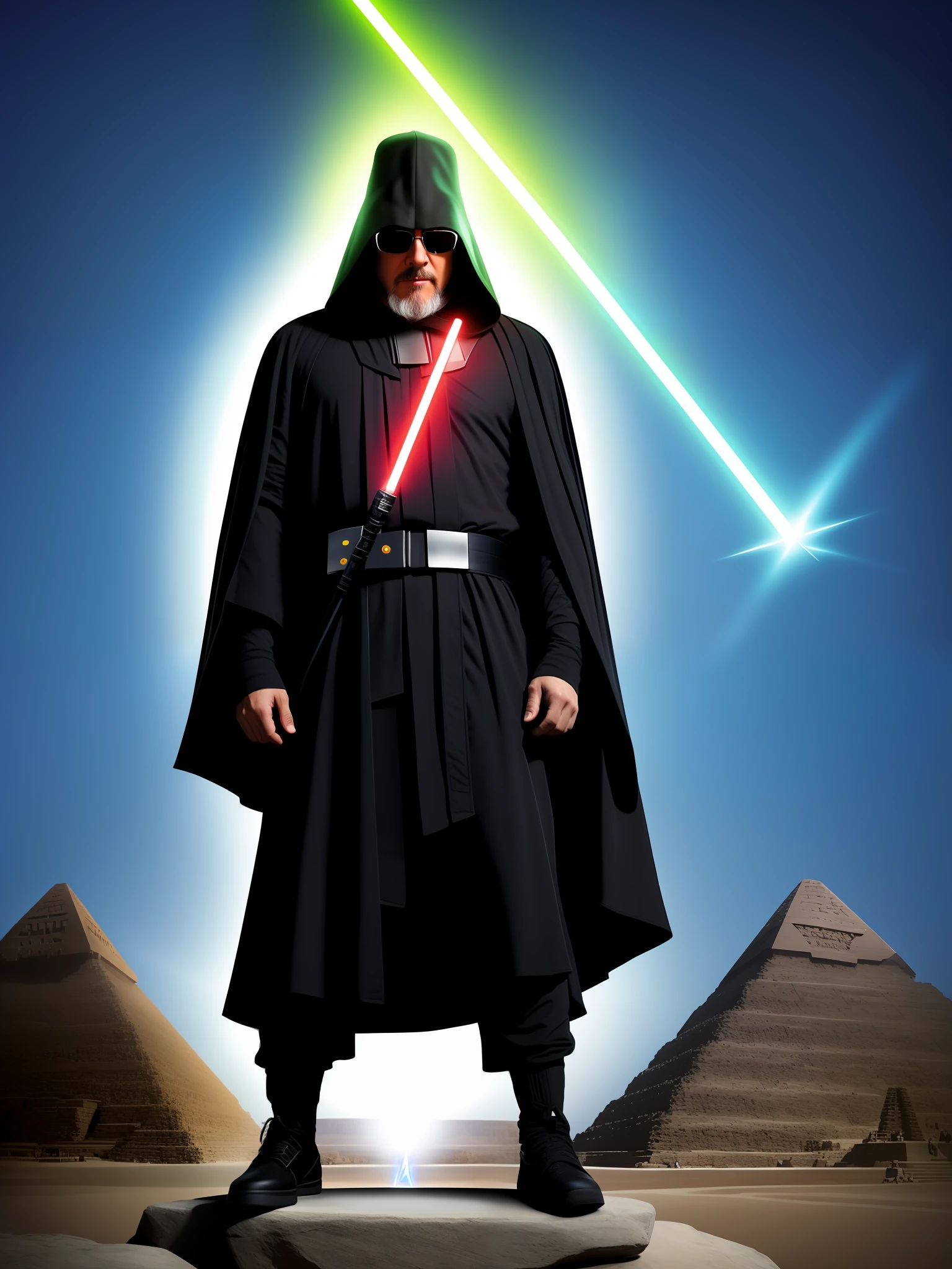 Shirt on a man, he wears dark visors, wearing a dark hood, wearing Sith style hood, wearing sunglasses, photo of a 50-year-old white man, dark visor covering the top of his face, with glasses and goatee, long gray beard, full body, standing, Jedi style clothing, in front of a pyramid, on the pyramid a flying saucer, with a lightning bolt illuminating the jedi, 3D style illustration.