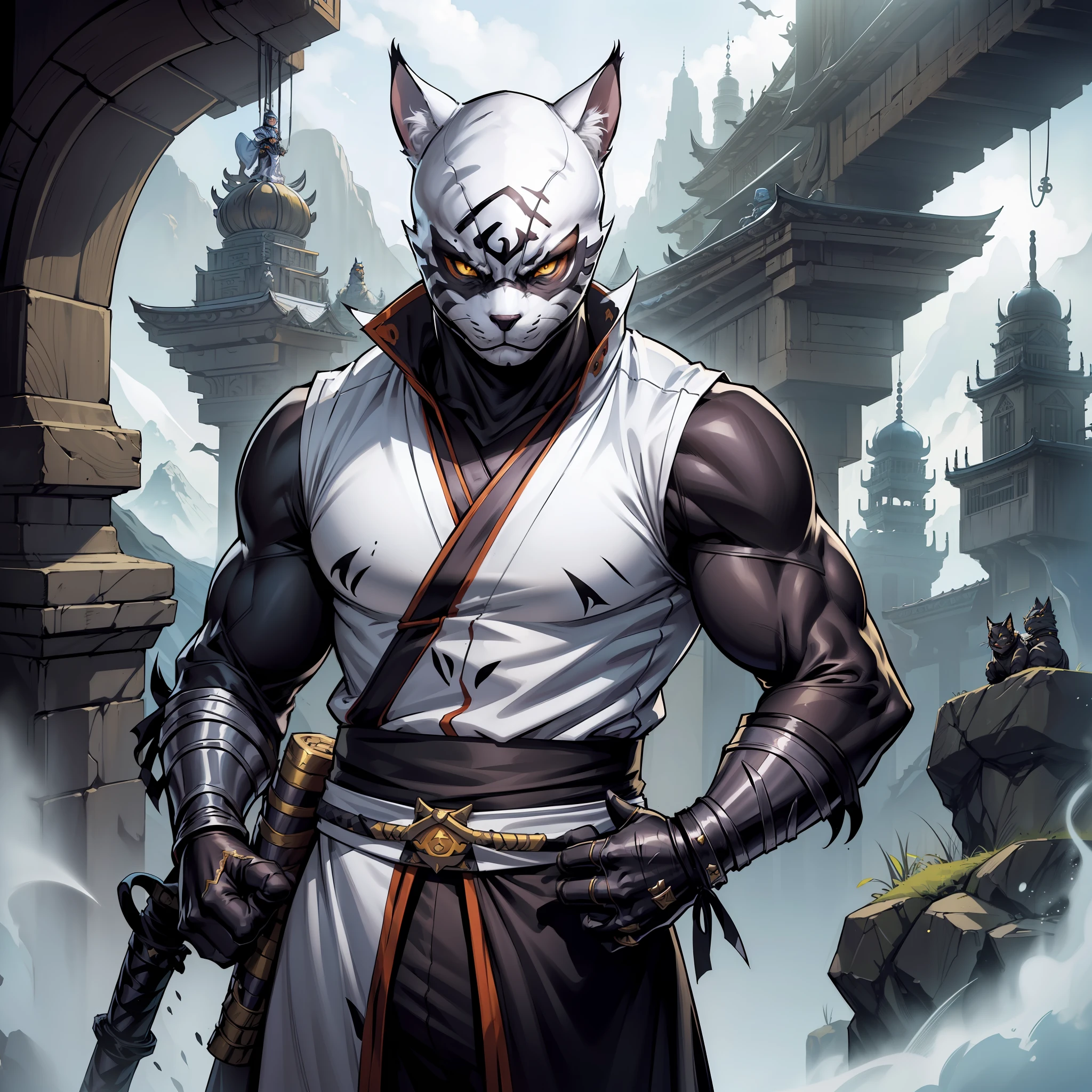 (extremely detailed 8k wallpaper:1.2), (best quality:1.2), (adventure and fantasy theme), profile (Paizo Pathfinder RPG character and Dungeons & Dragons), (cat-man), (((catfolk race))), strong, sharp focus, (subsurface scattering:1.1), award-winning photography, ((White Ninja Catman Class:1.3)), ((half-body shot:1.1)), centered face, white-furred feline head, yellow eyes:1.2, ((((white ninja costume)))), oriental gun in hand (standing before oriental monastery:1.3), (very detailed background:1.2),dramatic lighting, sfw