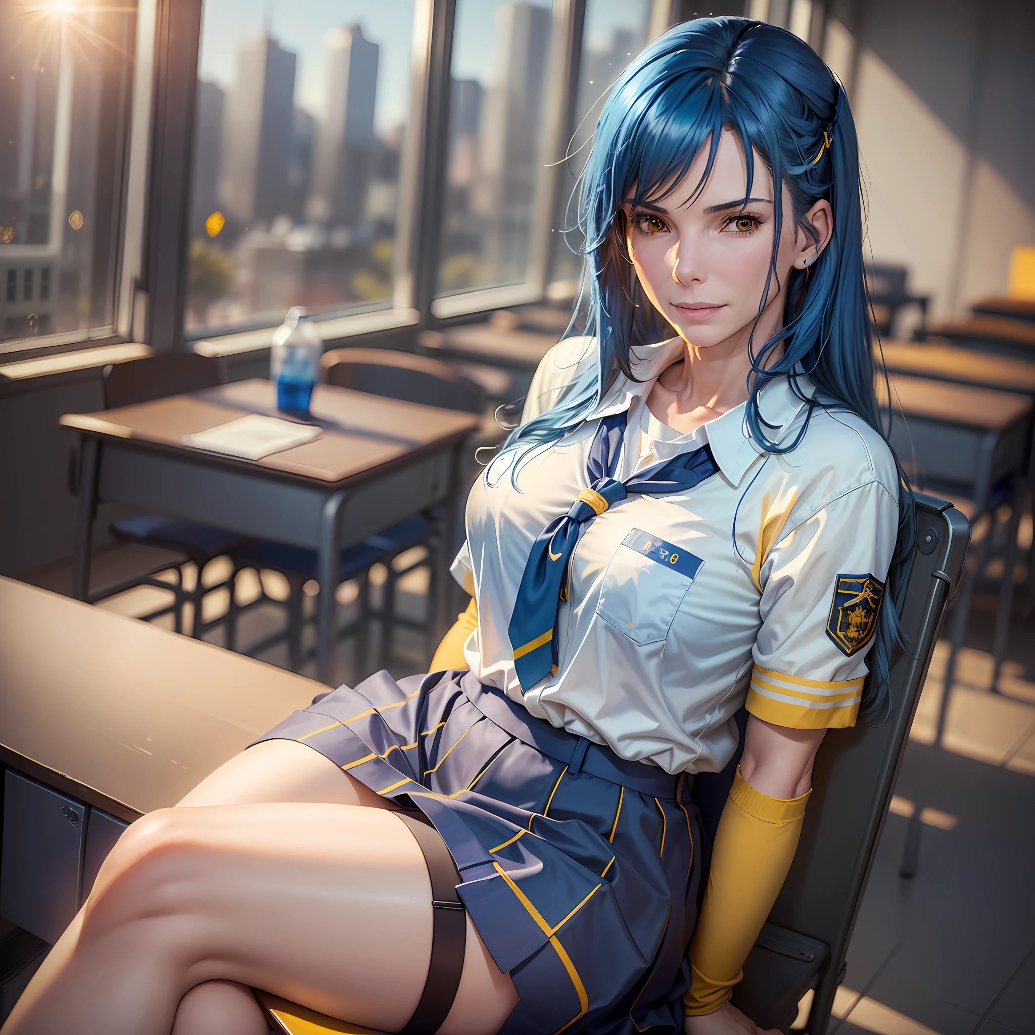 AGMM, 1girl, (Sandra Bullock, blue hair, Yellow_Skin, Colored_Skin:1.2), wearing wet school uniform, large breasts, reveal, cover, skirt, thighs. inside the building, classroom, sun rays, bokeh, sparkles, night, smile, sexy smile, --auto --s2