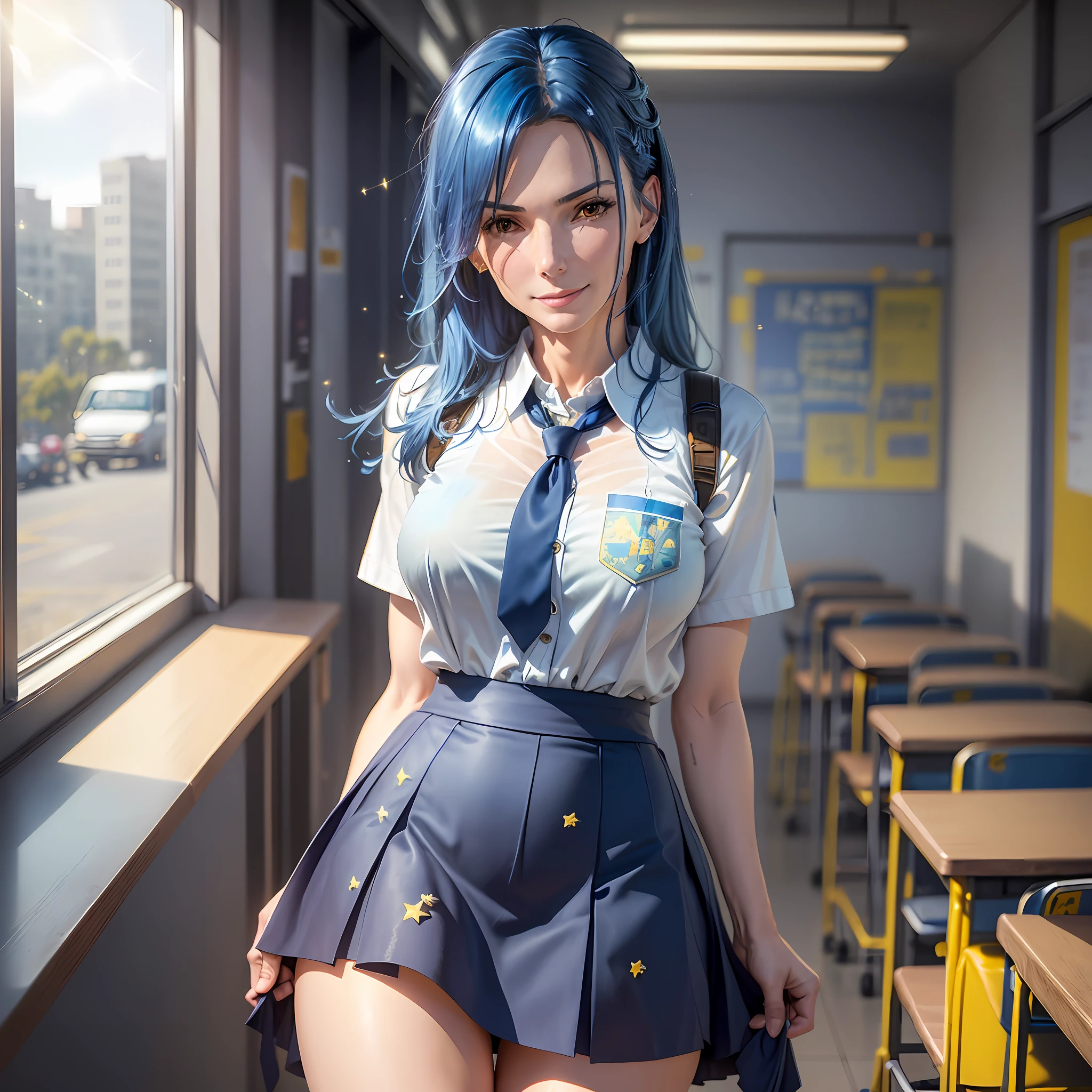 AGMM, 1girl, (Sandra Bullock, blue hair, Yellow_Skin, Colored_Skin:1.2), wearing wet school uniform, large breasts, reveal, cover, skirt, thighs. inside the building, classroom, sun rays, bokeh, sparkles, night, smile, sexy smile, --auto --s2