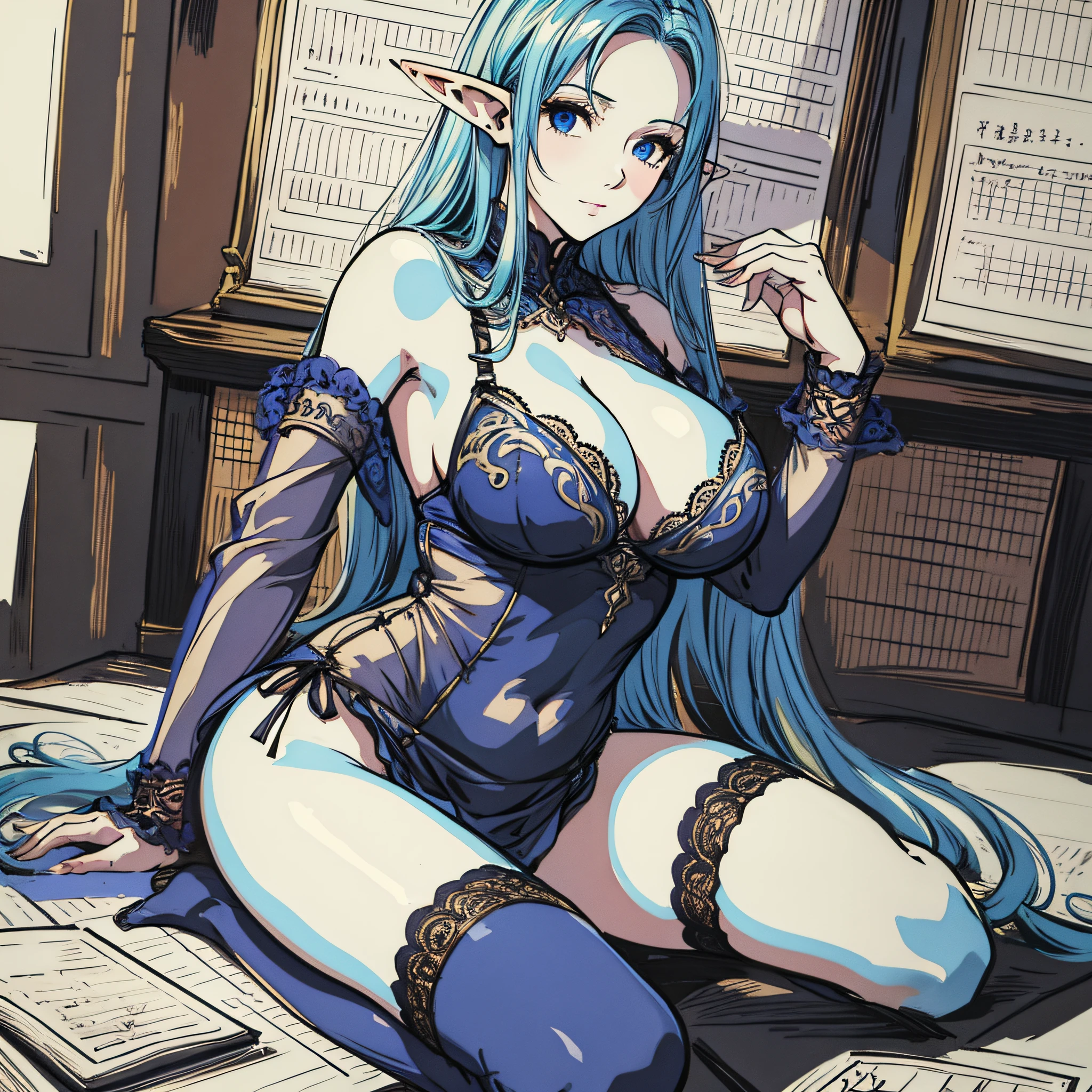 (masterpiece, best quality), Elf, long hair, big breasts, lingerie, sketch, drawing, pencil drawing. Front and side viewing angle. --auto --s2