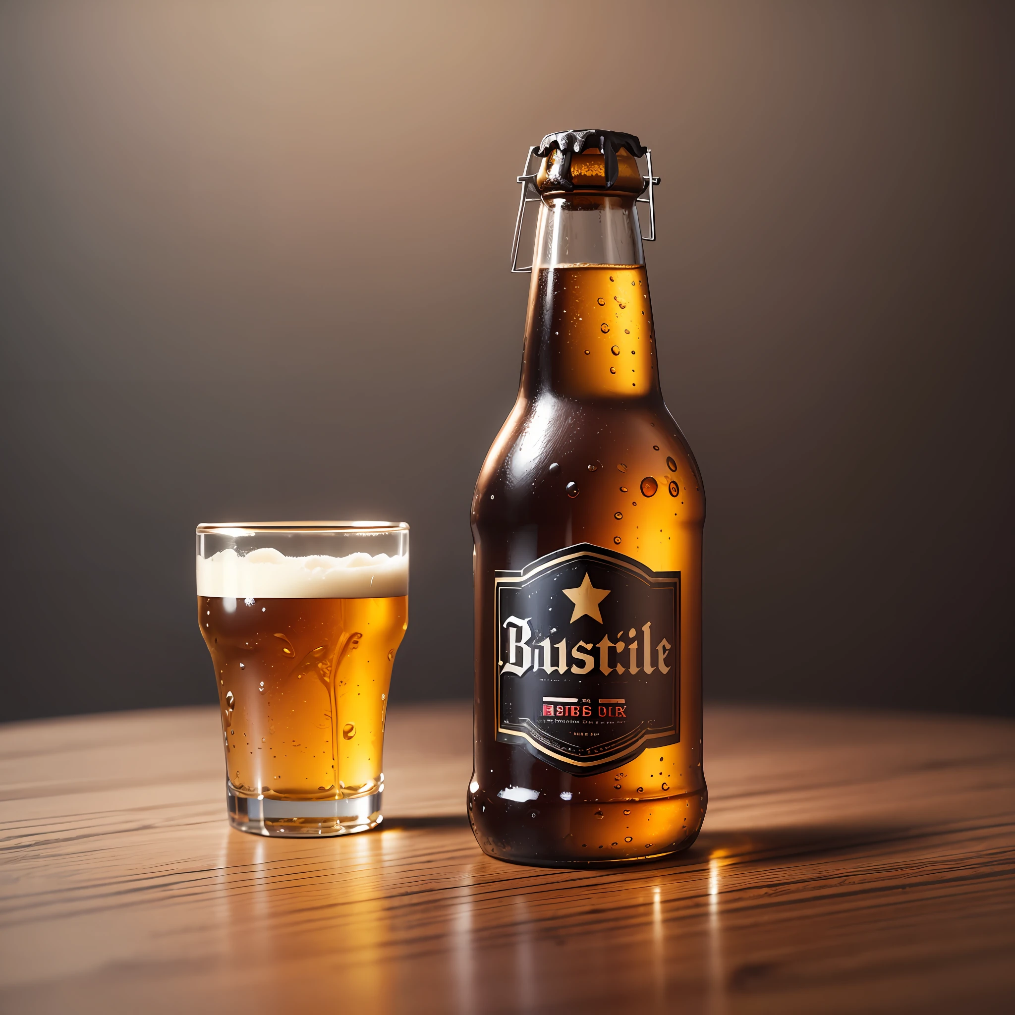 a bottle of beer on a table with a glass on the side, realism, realistic photography, shutterstock, black background, studio light, raw --auto --s2