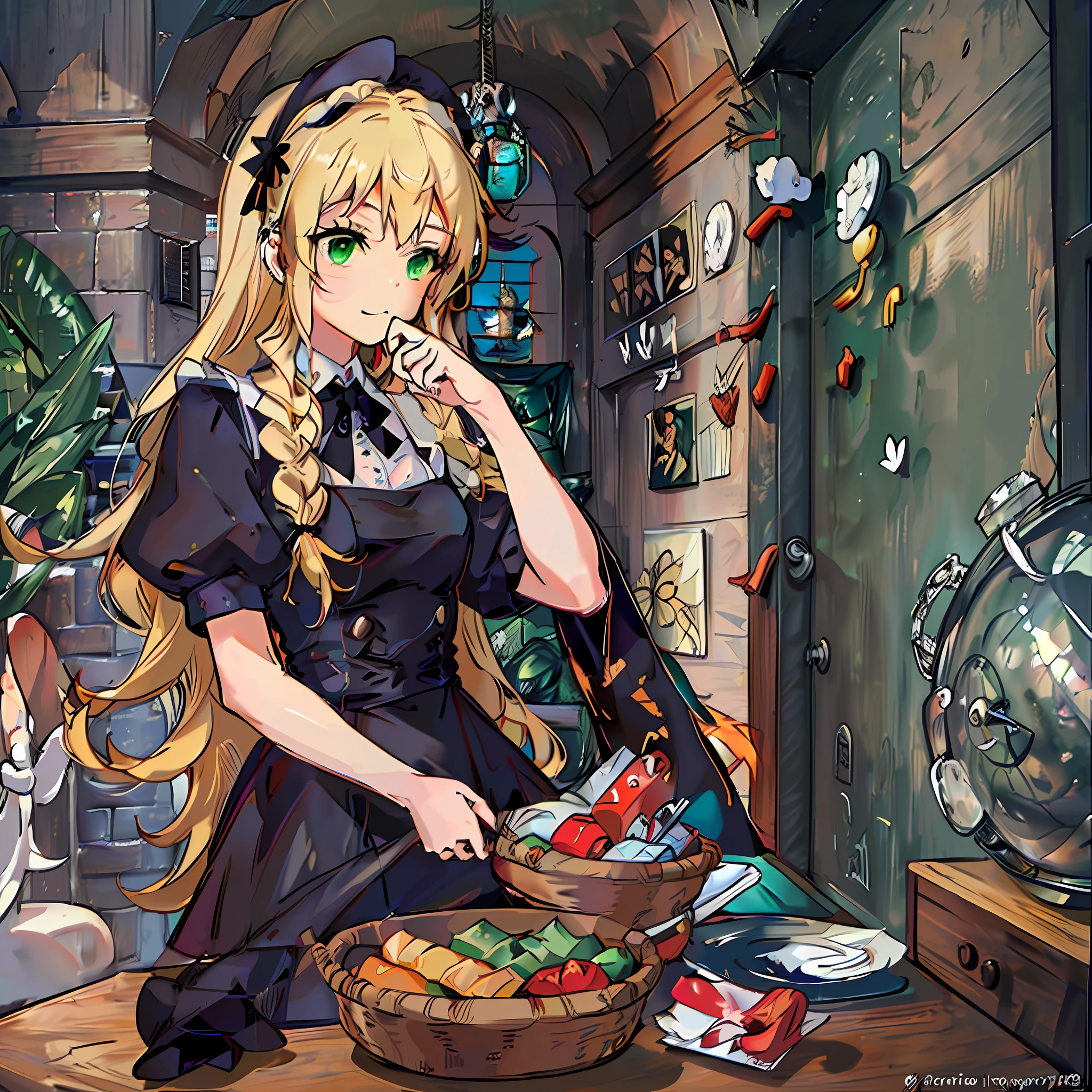 A blonde maid, green eyes, black Gothic costume, quietly cleaning in the castle
