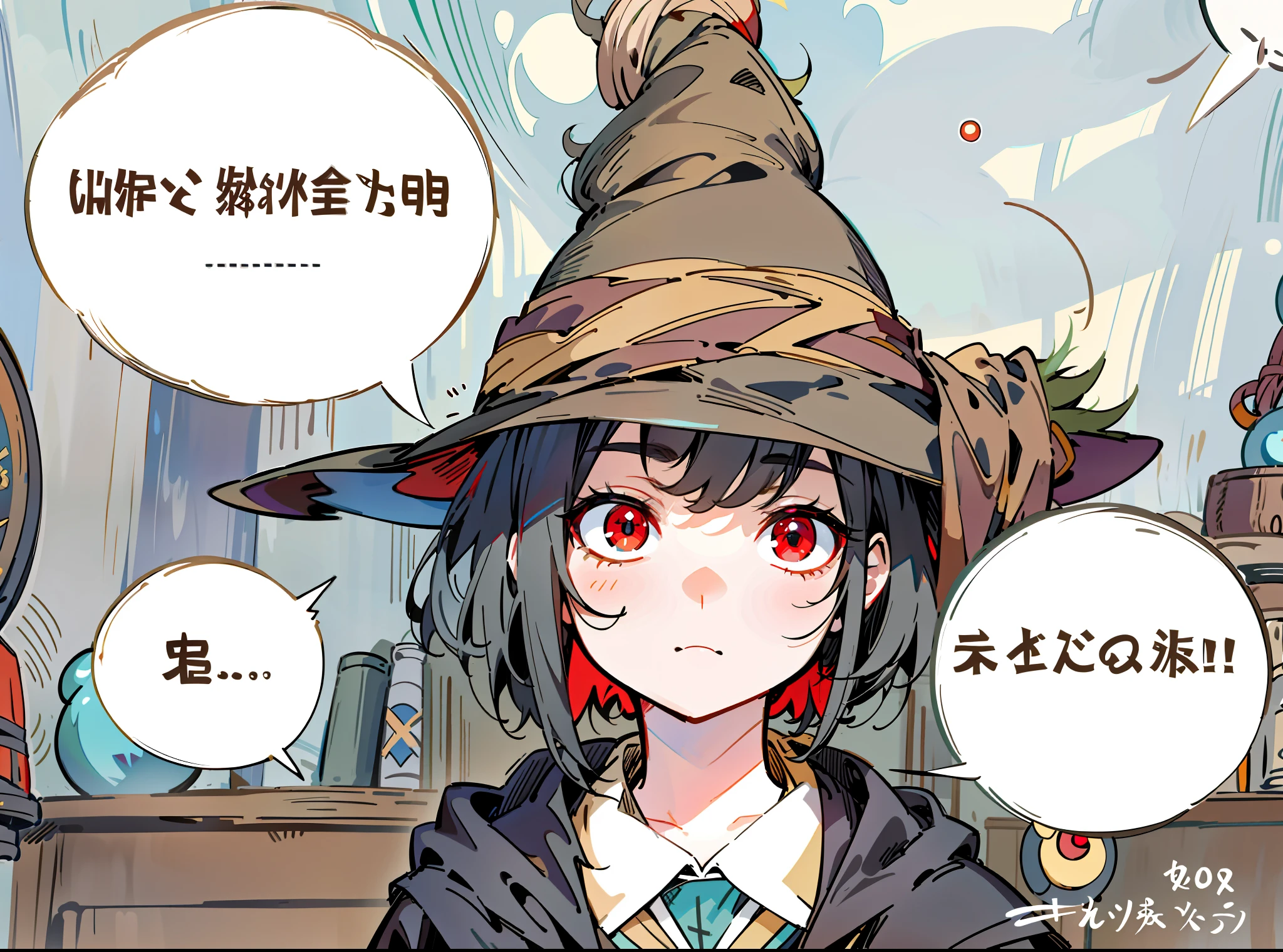 There is a cartoon picture of a woman in a hat, Witch Academy, from the Hidden Academy, Little Witch Academy, Young Wizard, cute anime style Hagrid, she is in Potions Studio, New Art by Young Witch, black hair, red eyes, hanging eyes, short hair, without glasses