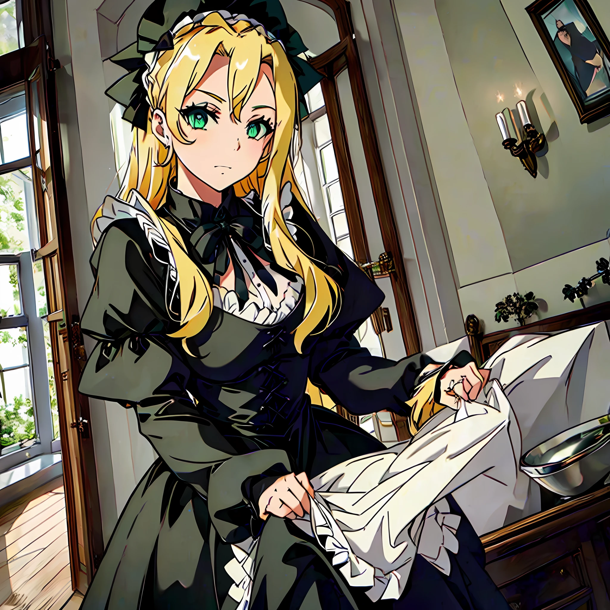 A blonde maid, green eyes, black Gothic costume, dignified and quietly cleaned in the castle