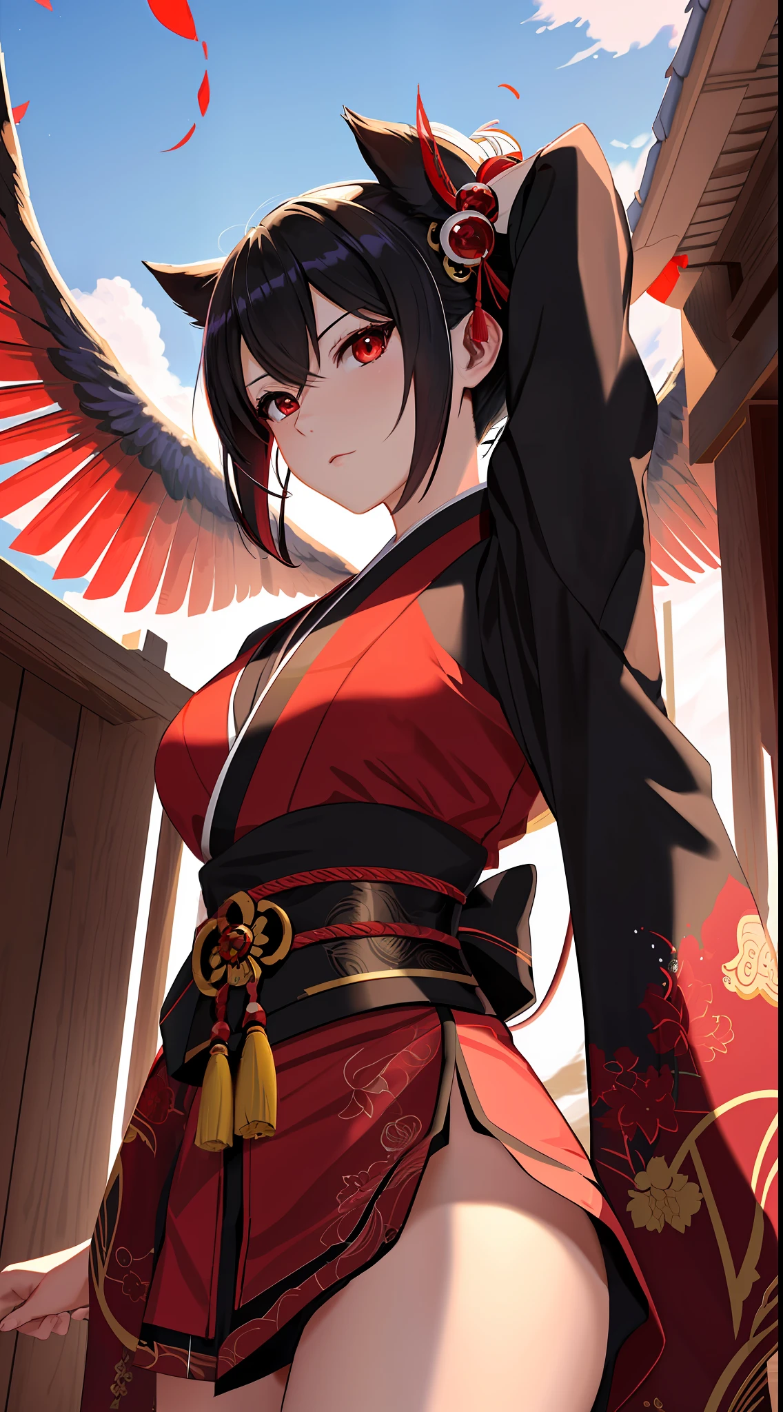 masterpiece, best quality, ultra-detailed, CG illustration, high resolution, better lighting, best shadow, extremely delicate and beautiful, appropriate shading, HD, 8k, ray tracing, hyper detailed and sharp background, perfect lights, anime style, Inspired by the game Mahokenshi: House of Ruby (Tengu, winged mountain kami, aggressive, red and white colors), strength, samuraipunk, solo, 1 woman, black hair, red eyes,  adult, obi tassel,