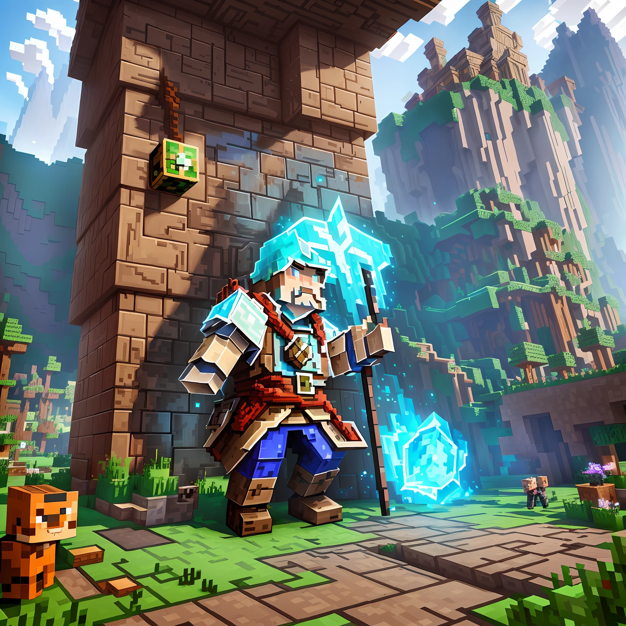 a close up of a person standing in front of a building, minecraft lords, 3 d render official art, detailed game art, high quality voxel art, detailed game art illustration, epic rpg portrait, minecraft villager, ultra detailed game art, super detailed color lowpoly art, background art, fantasy game art style, stylized concept art, style of minecraft