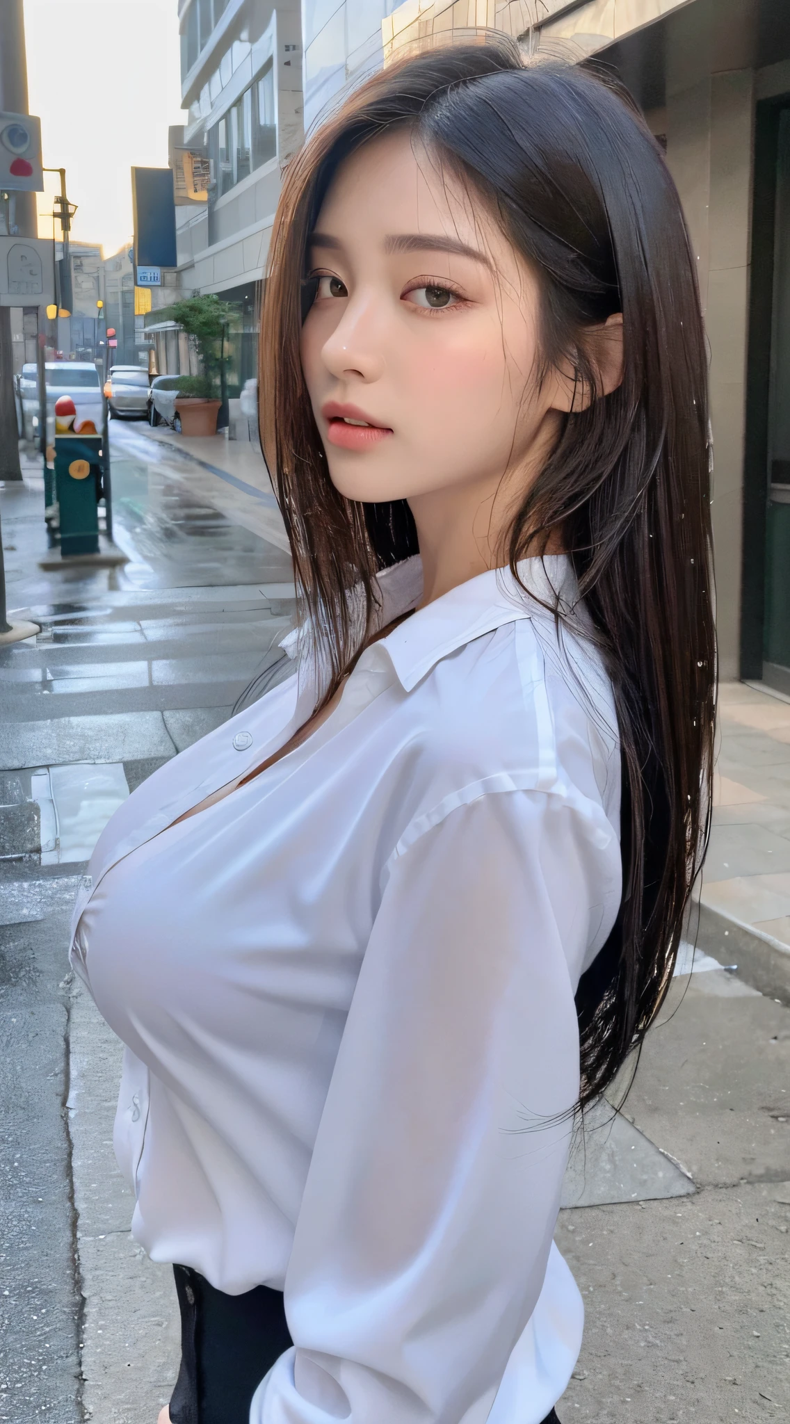 ((Best Quality, 8K, Masterpiece: 1.3)), Sharp: 1.2, Perfect Body Beauty: 1.4, Slim Abs: 1.2, ((Layered Hairstyle, Big Breasts: 1.2)), (Wet White Button Long Shirt: 1.1), (Rain, Street: 1.2), Wet: 1.5, Highly detailed face and skin texture, detailed eyes, double eyelids, side face looking at the camera