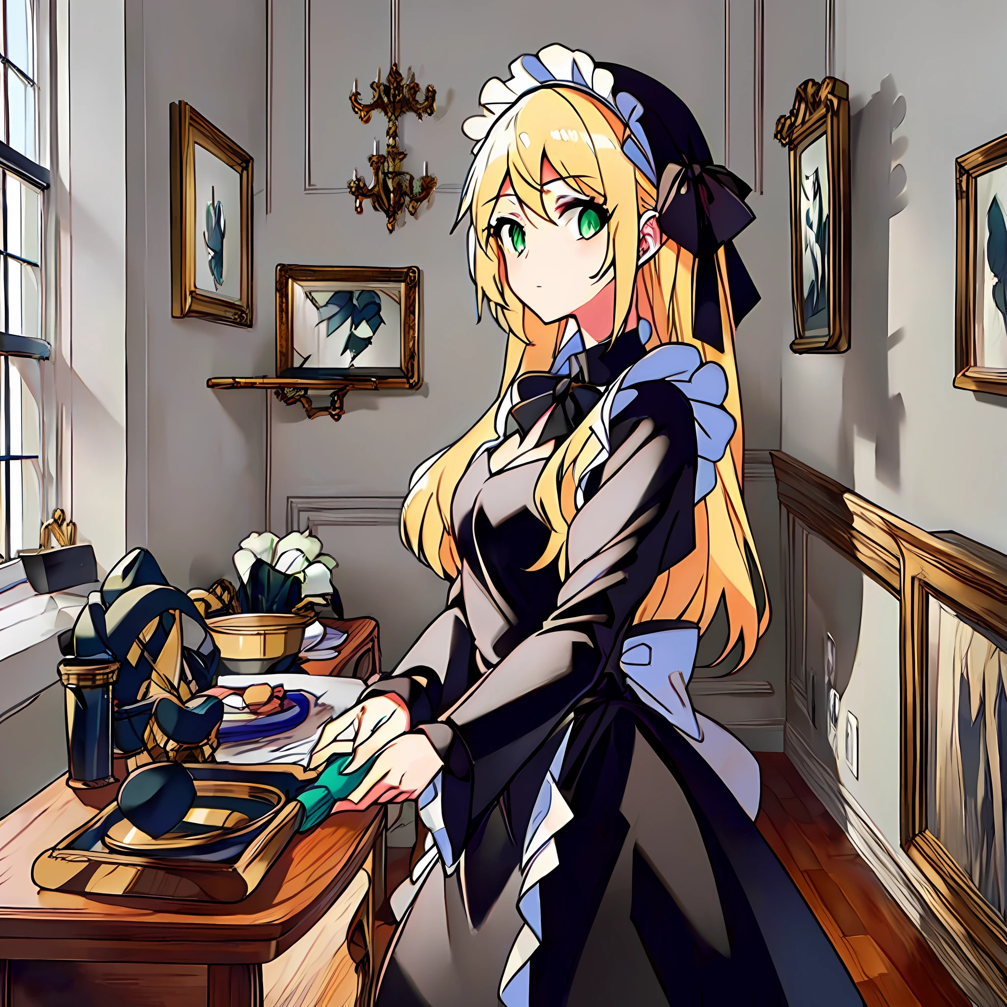 A blonde maid, green eyes, black Gothic costume, quietly cleaning in the castle