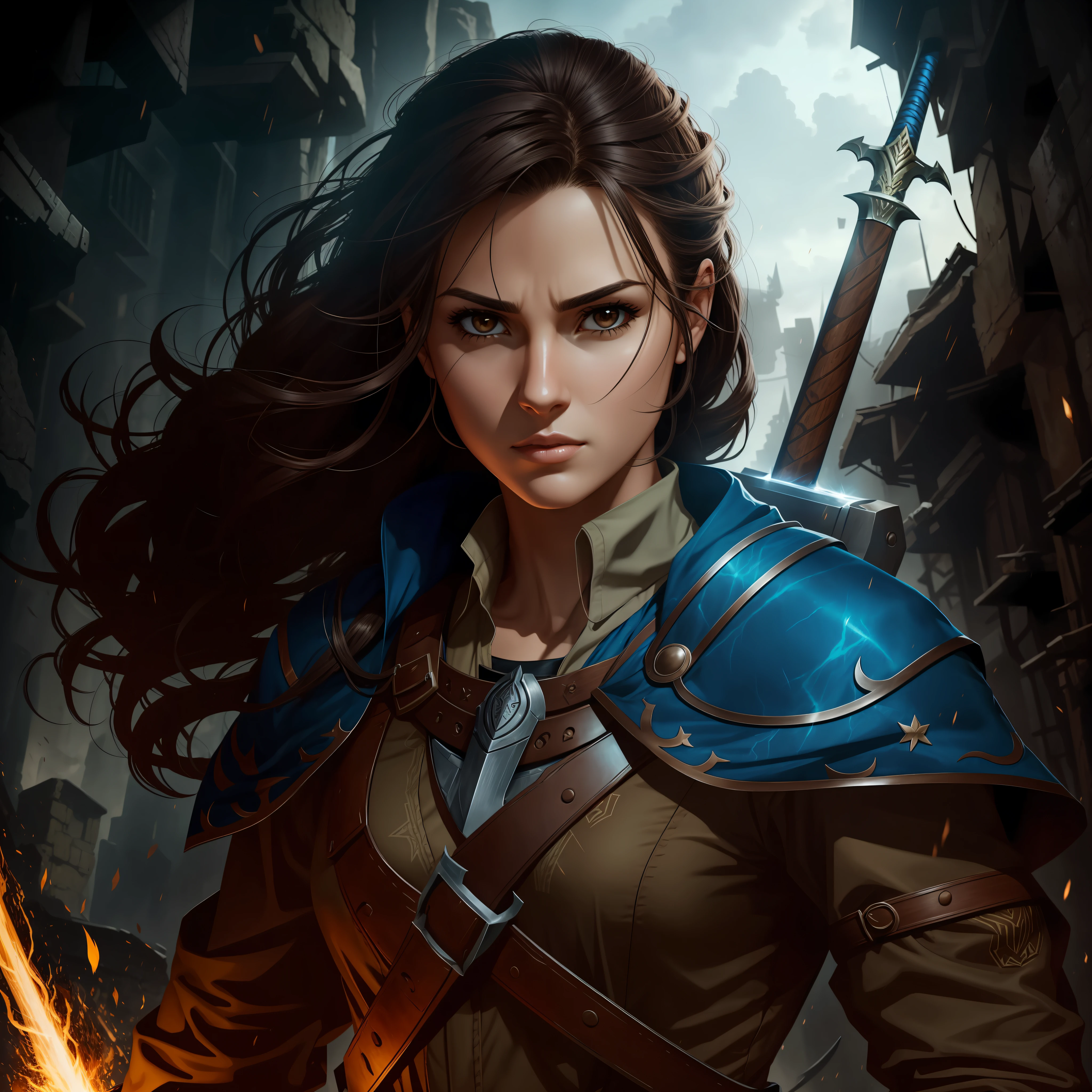 Realistic, brave woman, hunter, wizard, serious, square face shape, brown eyes, wider mature chin, brown clothes with vertical lines of print, steel sword on the back, dark hair