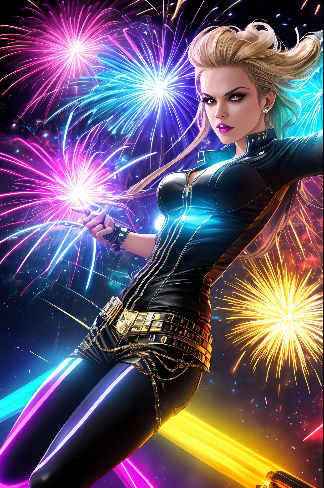 ((in the style of Jim Lee)) Render a full-body portrait of Marvel's Dazzler striking a fierce pose under a neon-lit city backdrop, with fireworks exploding overhead. She's summoning her powers, so she has a trail of glittering light behind her, illuminating her punk rock outfit. Make sure to capture her signature sound waves emanating from her hands, and include some vinyl records scattered around her to reference her music-themed powers.