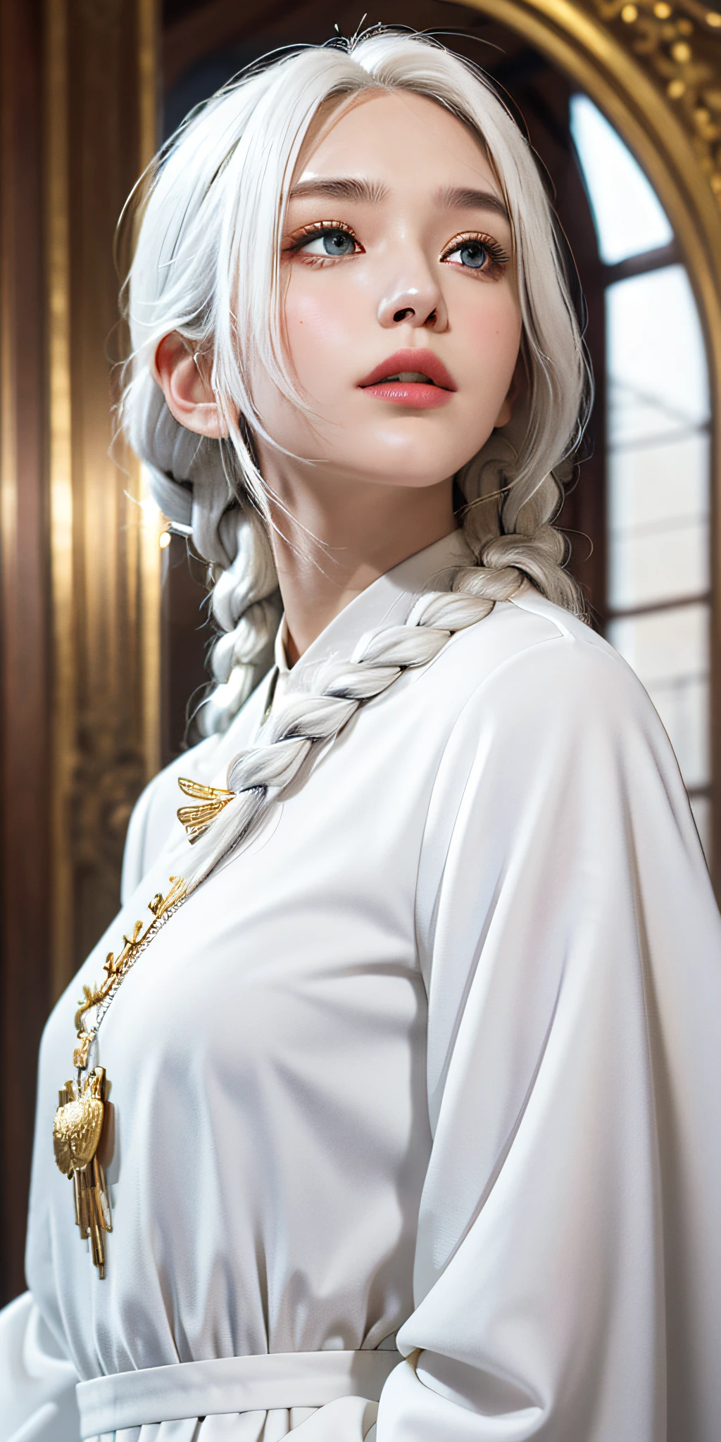 best quality, masterpiece,white hair, gold eyes,white clothes, looking up, upper body,hair strand,Fair skin,side braids
